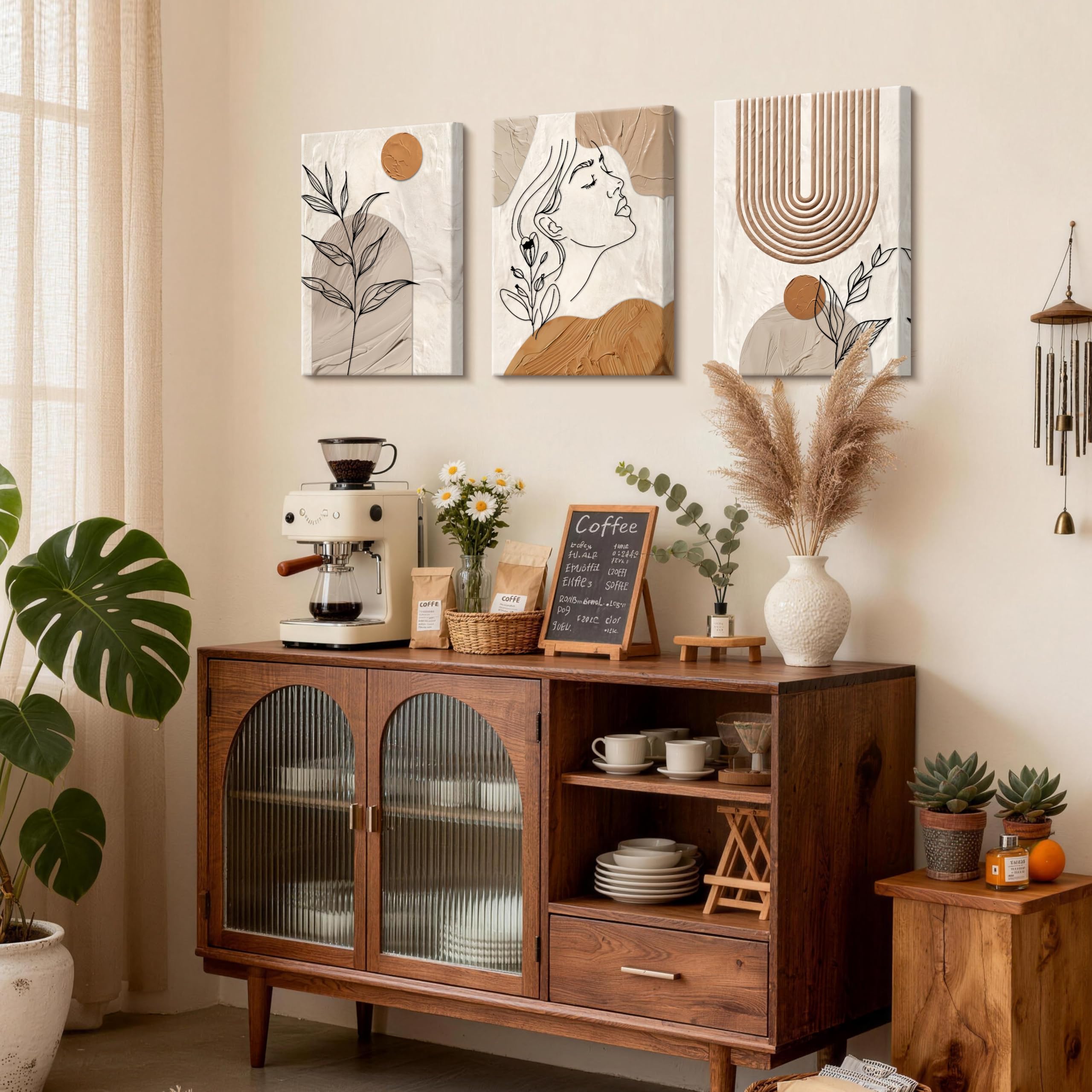3 Pcs Wooden Framed Canvas Wall Art Set Bohemian Sage Green Canvas Prints Poster Geometric Line Beige Green Pictures for Living Room Bedroom Dinning Room Hallway Stairs Wall Decor 30x40cm x3pcs — view 70