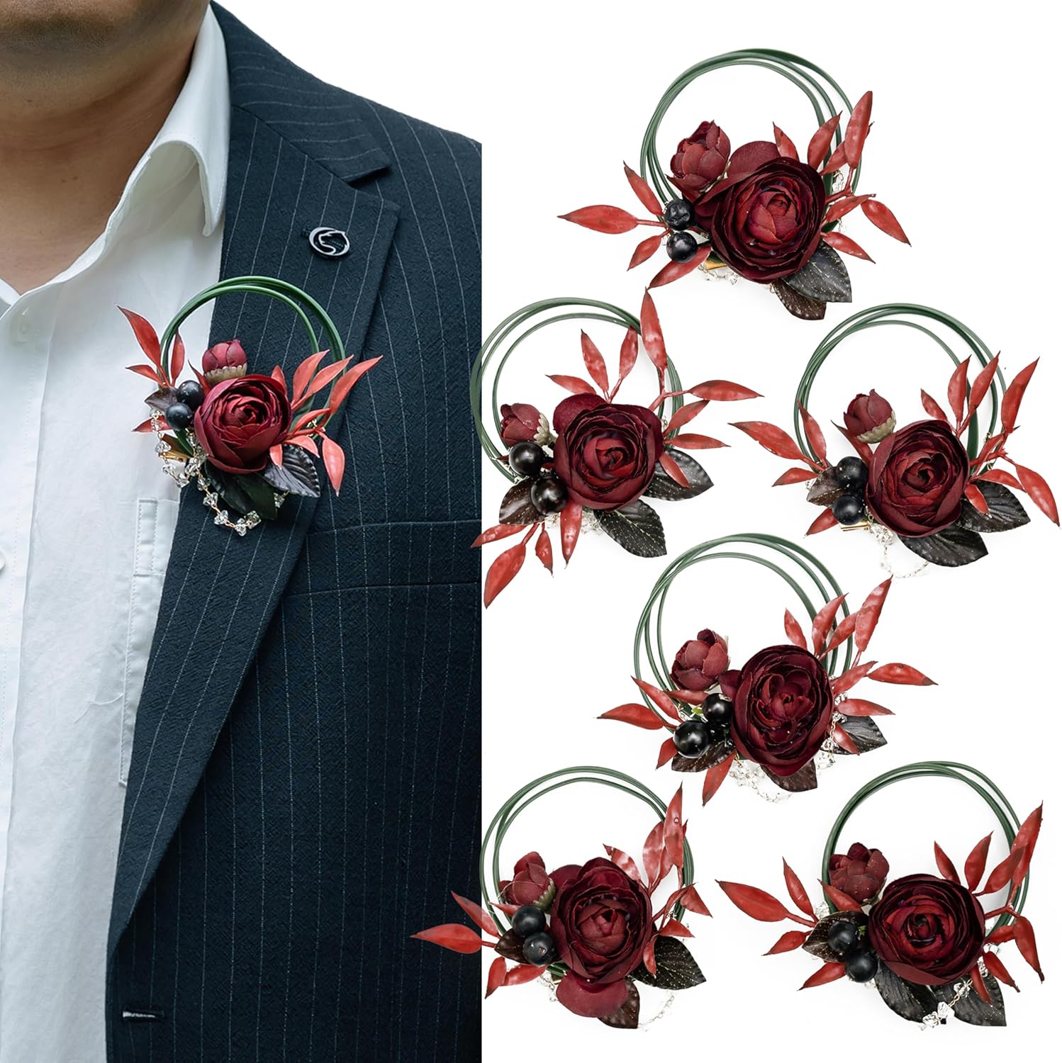 Burgundy Boutonniere Set, Groomsmen & Groom Boutonnieres for Wedding, Anniversary & Formal Events (6 Pack)