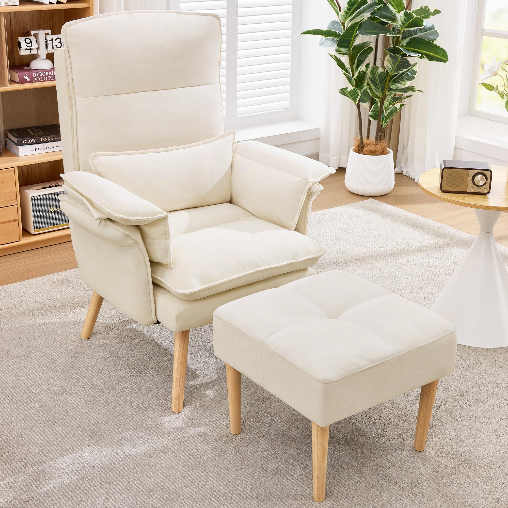 BTM Relaxsessel mit Hocker 5-Fach Verstellbarer Sessel Wohnzimmer Lesesessel mit Kopfstütze, Armlehnenkissen Beige