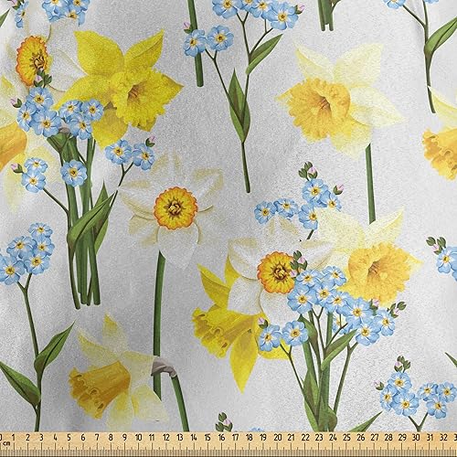 Miniatura 2 de Lunarable Daffodils Fabric by The Yard, Forget Me Not Flowers and Daffodil Blossom Leaf Bouquet Spring Garden, Decorative Satin Fabric for Home
