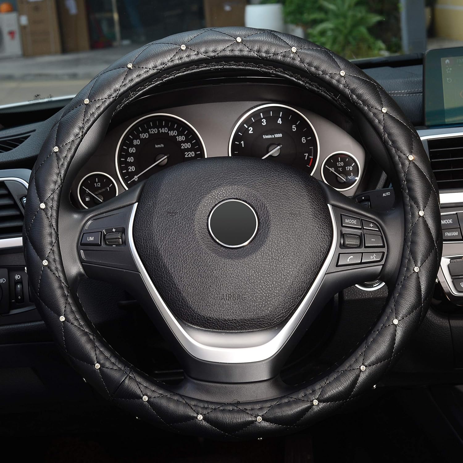 LABBYWAY Universal Fit 15 Inch Steering Wheel Cover, with Bling Bling Crystal Rhinestones, Diamond Leather Car Wheel Protector for Women Girls,Black