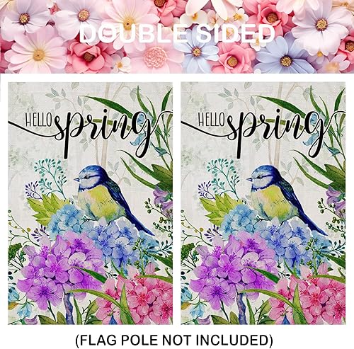 Miniatura 7 de EKOREST Banderas de jardín de Hello Spring para exteriores, flores de hortensias en acuarela con decoración de patio de pájaros, decoración pequeña