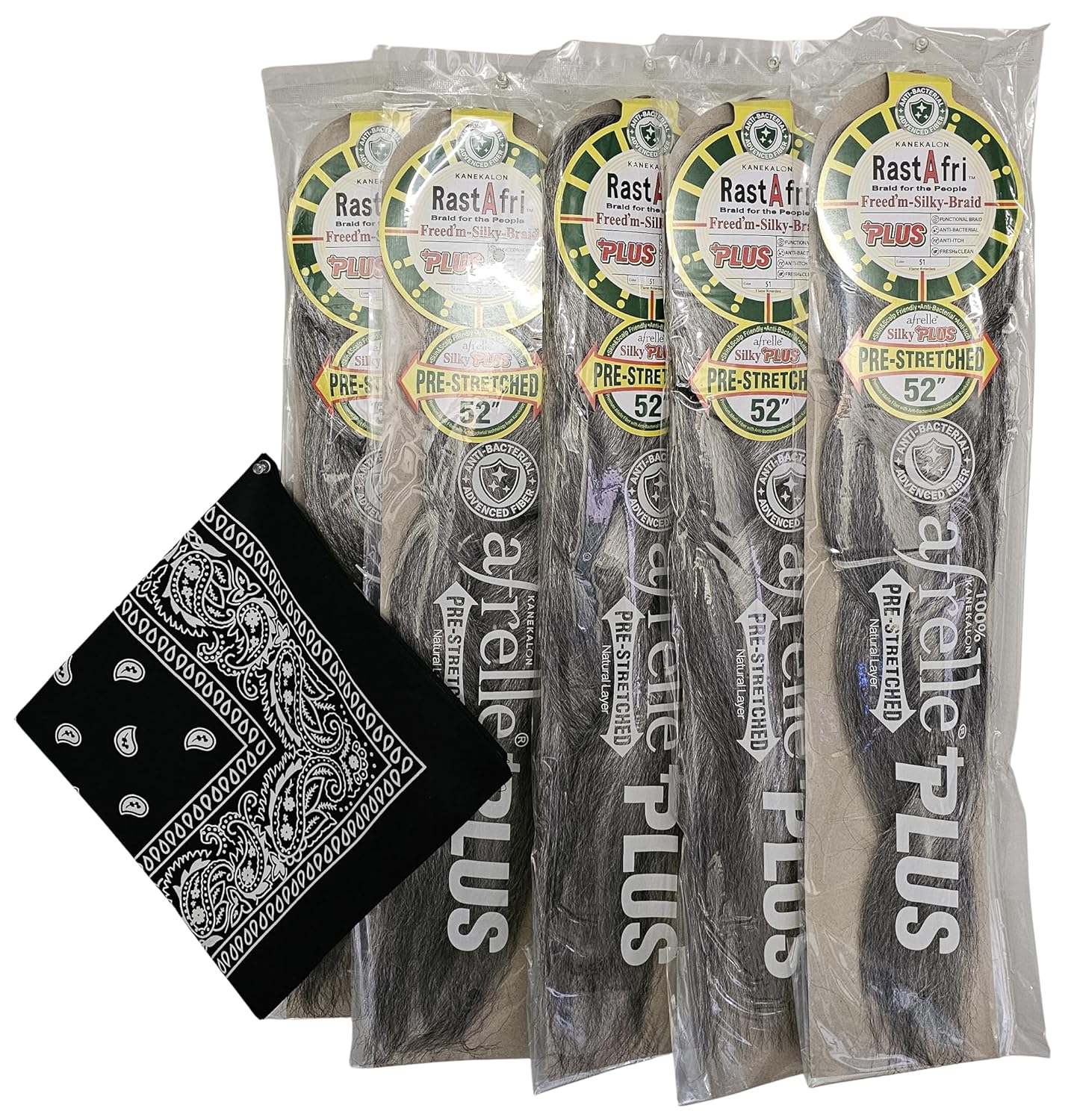 RastAfri Pre-Stretched Silky Braiding Hair with Bandana - 5 single packs (#51)