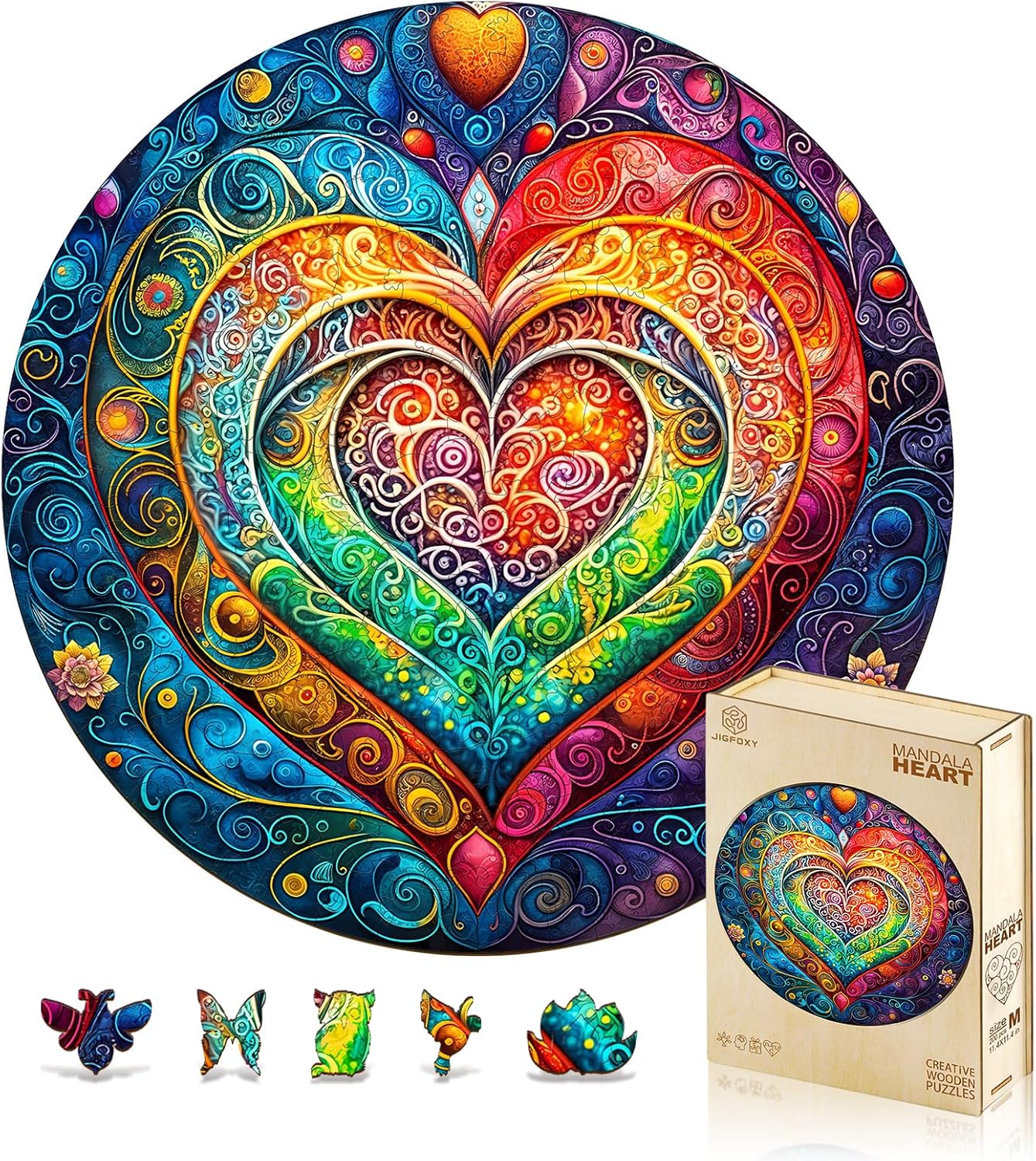 Jigfoxy Wooden Puzzles for Adults, Mandala Heart Wood Puzzles Adult, Unique Animal-Shaped Wooden Jigsaw Puzzles for Adults, Valentines Day Gifts for Family and Friends (M-11.4 * 11.4in-200pcs)