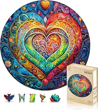 Jigfoxy Wooden Puzzles for Adults, Mandala Heart Wood Puzzles Adult, Unique Animal-Shaped Wooden Jigsaw Puzzles for Adults, Valentines Day Gifts for Family and Friends S-8.5 * 8.5in-100pcs