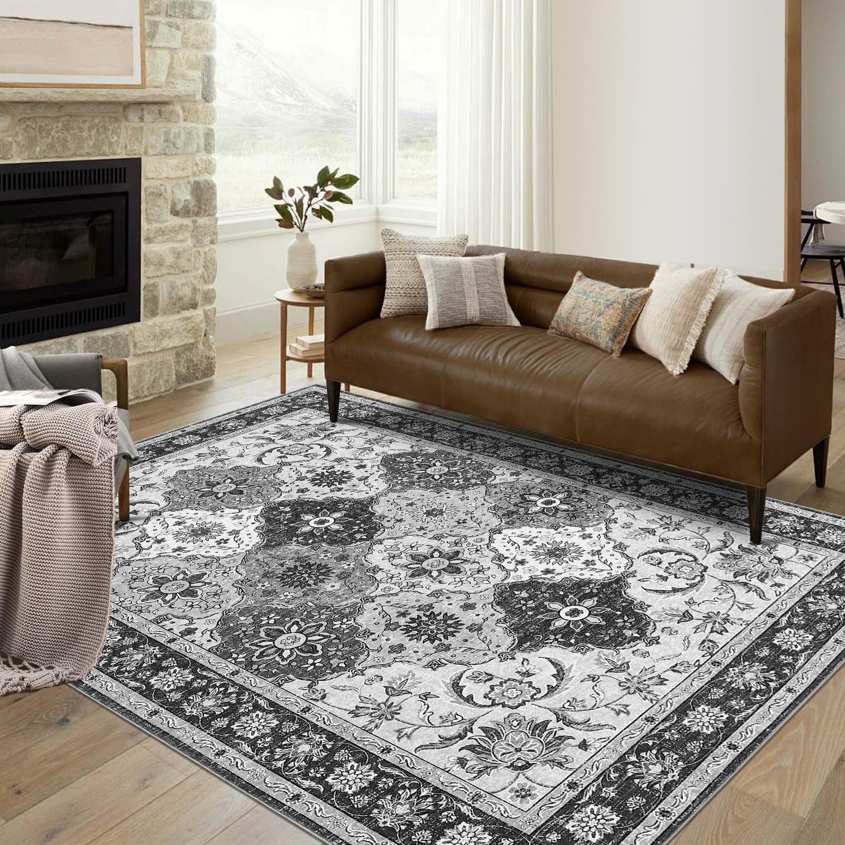 Grauer Vintage-Teppich – Waschbar, Rutschfest, Niedriger Flor, Für Wohnzimmer, Büro & Schlafzimmer