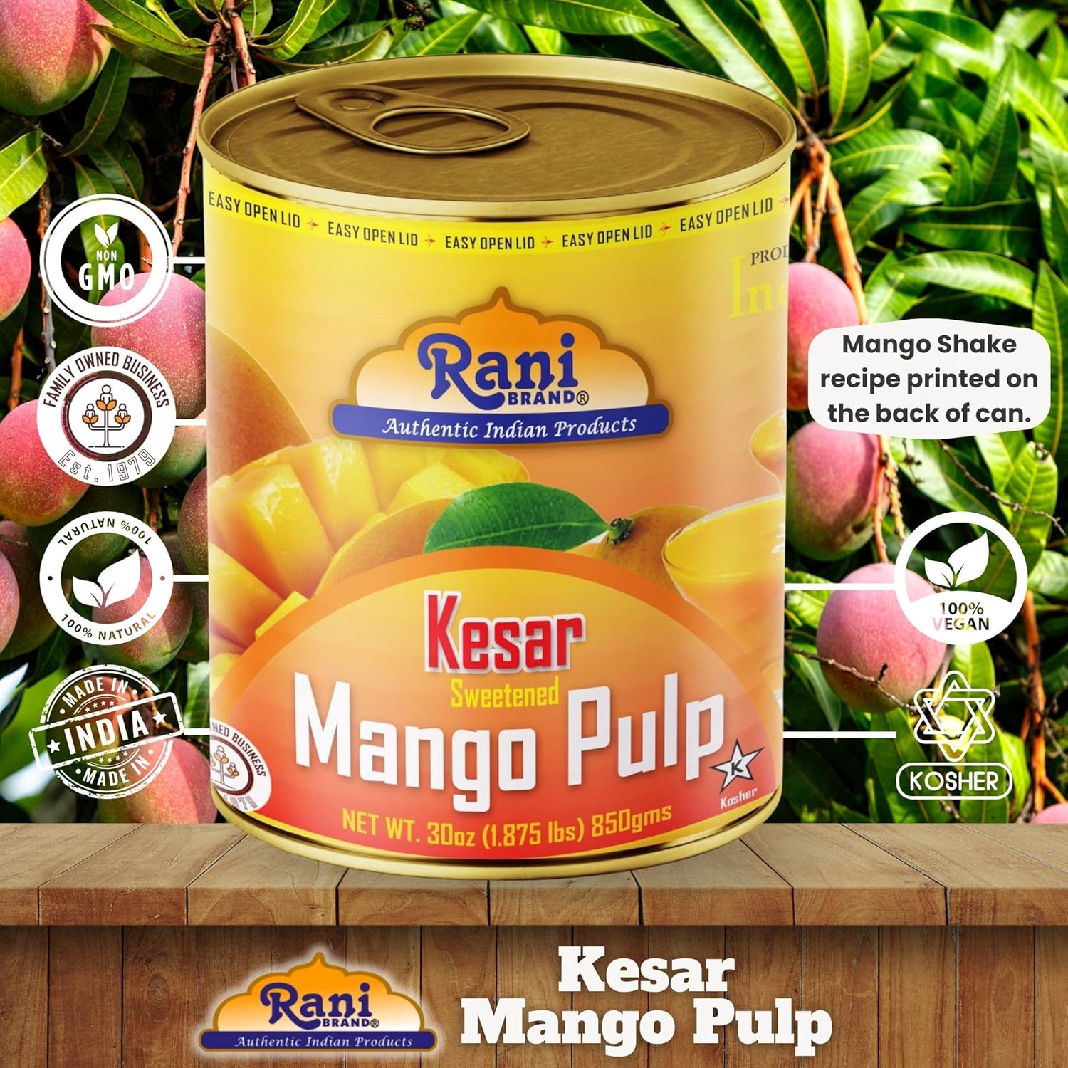 Rani Mango Pulp Puree (Makes Mango Lassi Shakes) Kesar Sweetened 30oz (1.875lbs) 850g Pack of 6 ~ Kosher | All Natural | NON-GMO | Vegan | No colors | Gluten Friendly | Indian Origin
