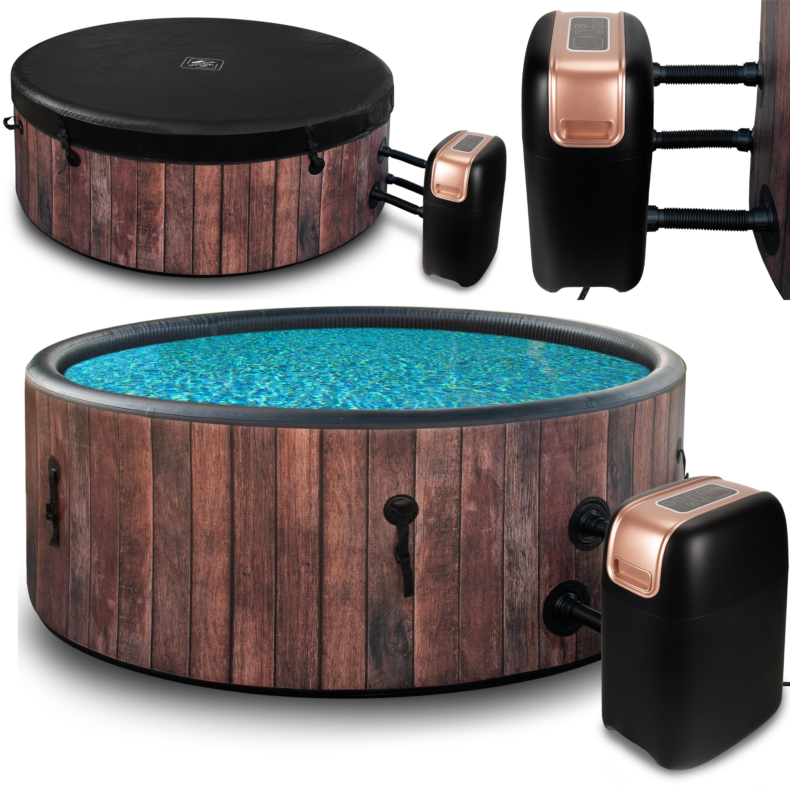 COIL Ogród SPA Outdoor Winterfest SPA nadmuchiwany – 6 osób, imitacja drewna, wytrzymały materiał DWF, szybkie nadmuchiwanie, wellness hydromasaż (rustykalny)