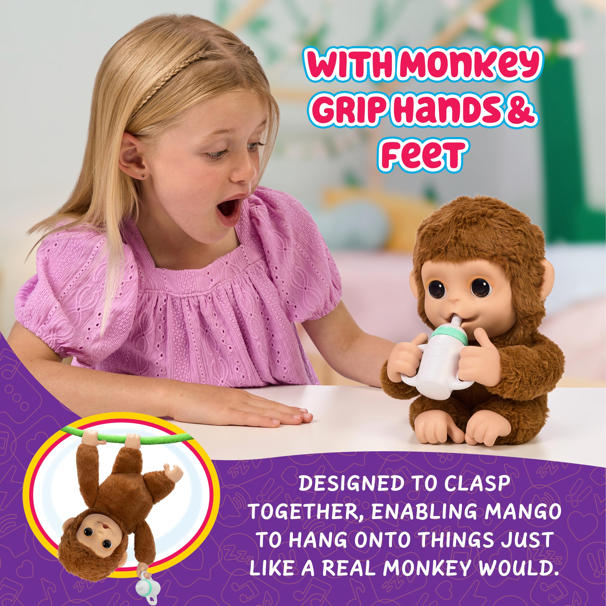 Little Live Pets My Baby Monkey Mango, 50+ Sounds and Reactions, Plush Interactive Monkey Toy Set with Accessories, Interactive Pets for Kids Ages 4+