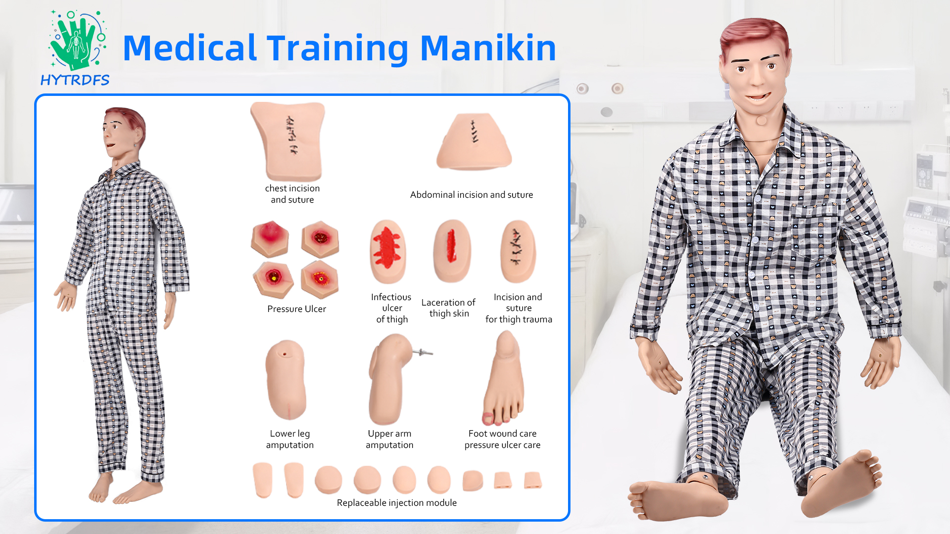 Image of 5.74ft Patient Care Medical Manikin Nursing Mannequin for Training, Male-Female Multi-Functional Human Anatomy CPR with Wound Modules, Highly Simulated Caregiver for Improving Nursing Skills