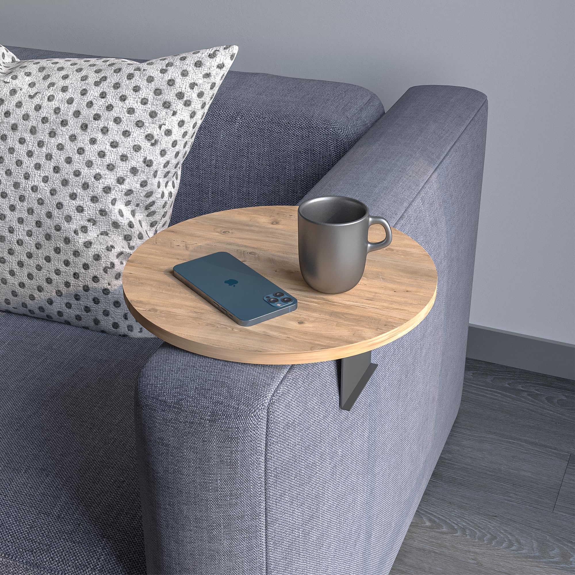 Plateau de canapé avec accoudoir, plateau de canapé réglable, porte-gobelet, design spécial, support en métal pratique, plateau de siège, diamètre 35 cm (aspect bois)