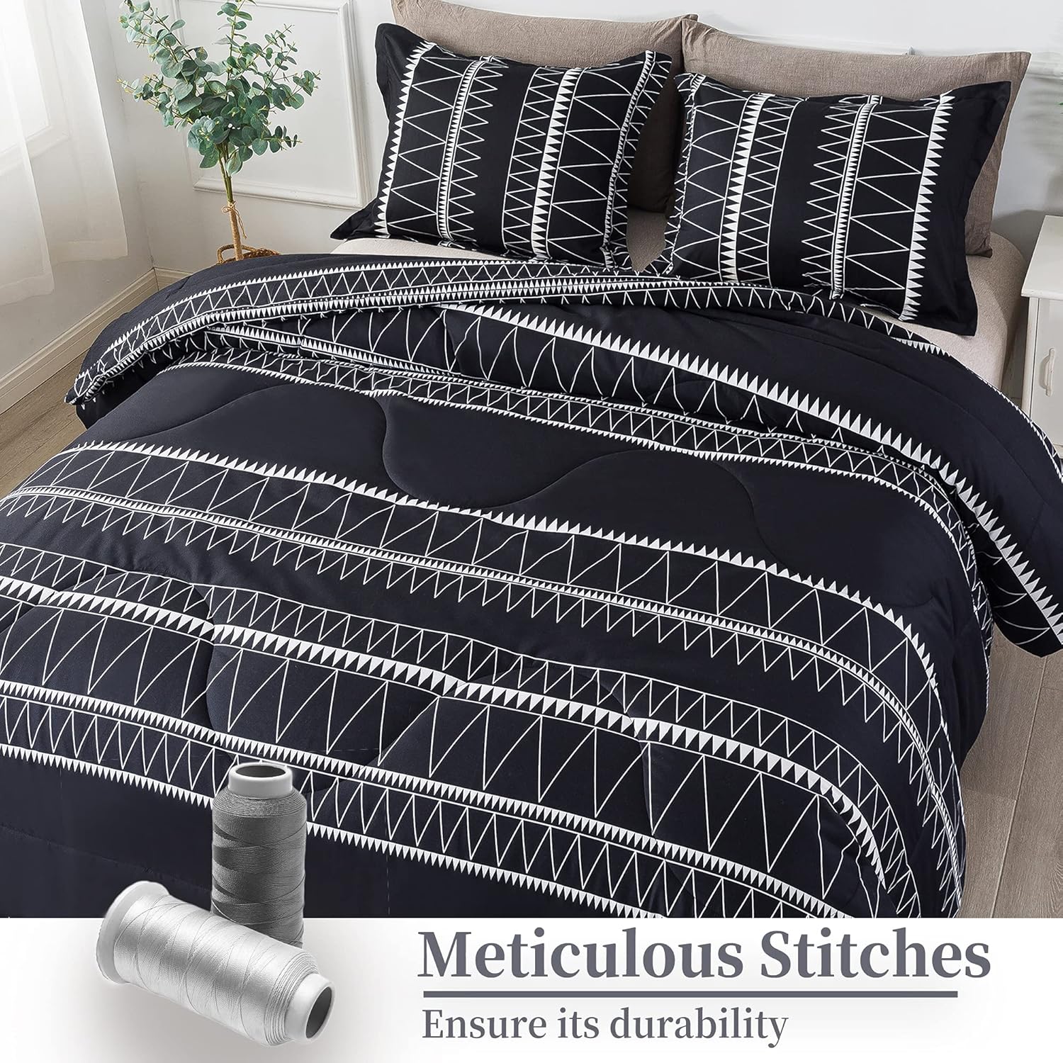 Litanika Black Boho Comforter King(104x90lnch), 3 Pieces(1 Bohemian Comforter and 2 Pillowcases) Geometric Triangle Striped Comforter, Soft Microfiber Down Alternative Bedding Set