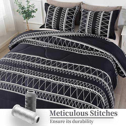 Miniatura 4 de Litanika Edredón bohemio negro King (104 x 90 pulgadas), 3 piezas (1 edredón bohemio y 2 fundas de almohada), juego de edredón geométrico, a rayas,