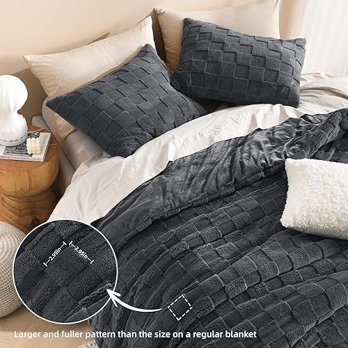 Miniatura 4 de Litanika Juego de edredón mullido tamaño Queen de 3 piezas, cálido juego de ropa de cama de invierno de forro polar sherpa, juego de cama de felpa