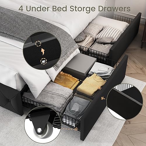 Miniatura 118 de LARMACE - Marco de cama tamaño King con 4 cajones de almacenamiento y cabecera tapizada con botones, cama de plataforma tapizada en lino con