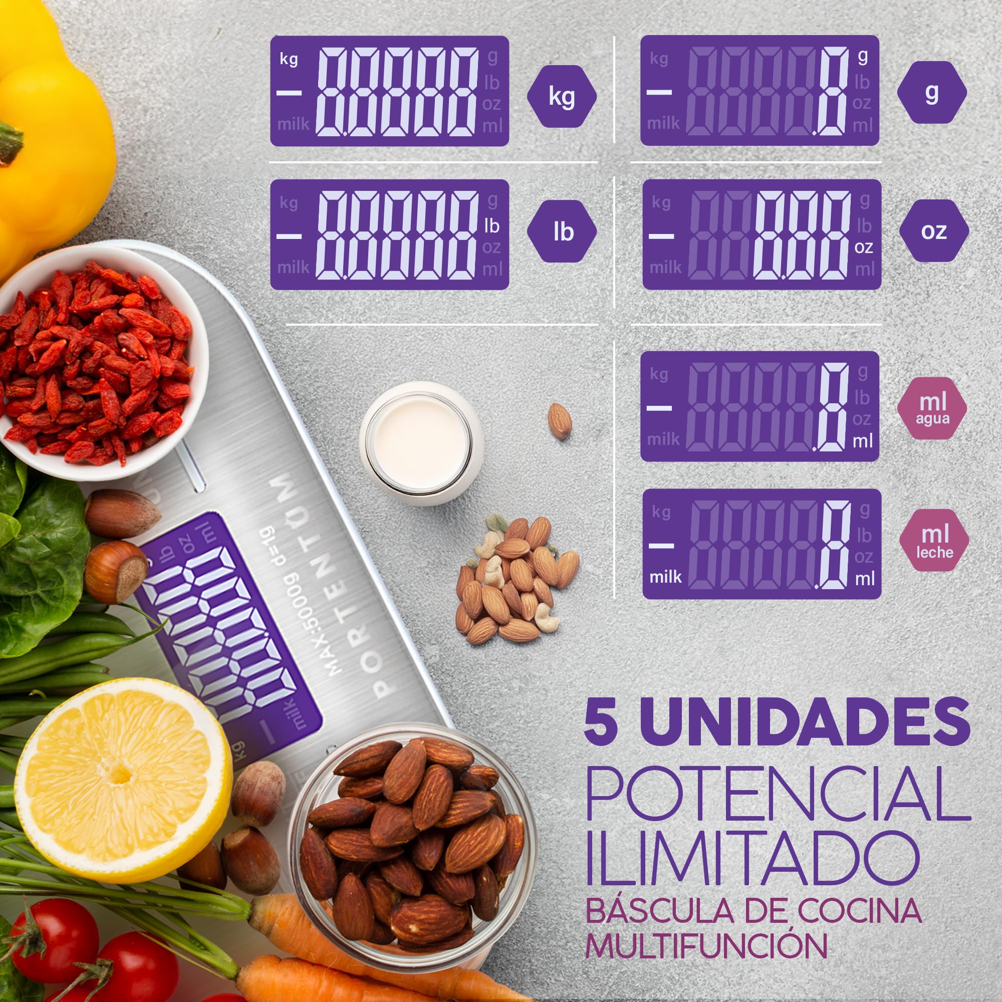 PORTENTUM Peso de Cocina con Pantalla LCD, Acero Inoxidable, Balanza cocina precisa de 1 gramo a 5 kg/11 lbs, Plata