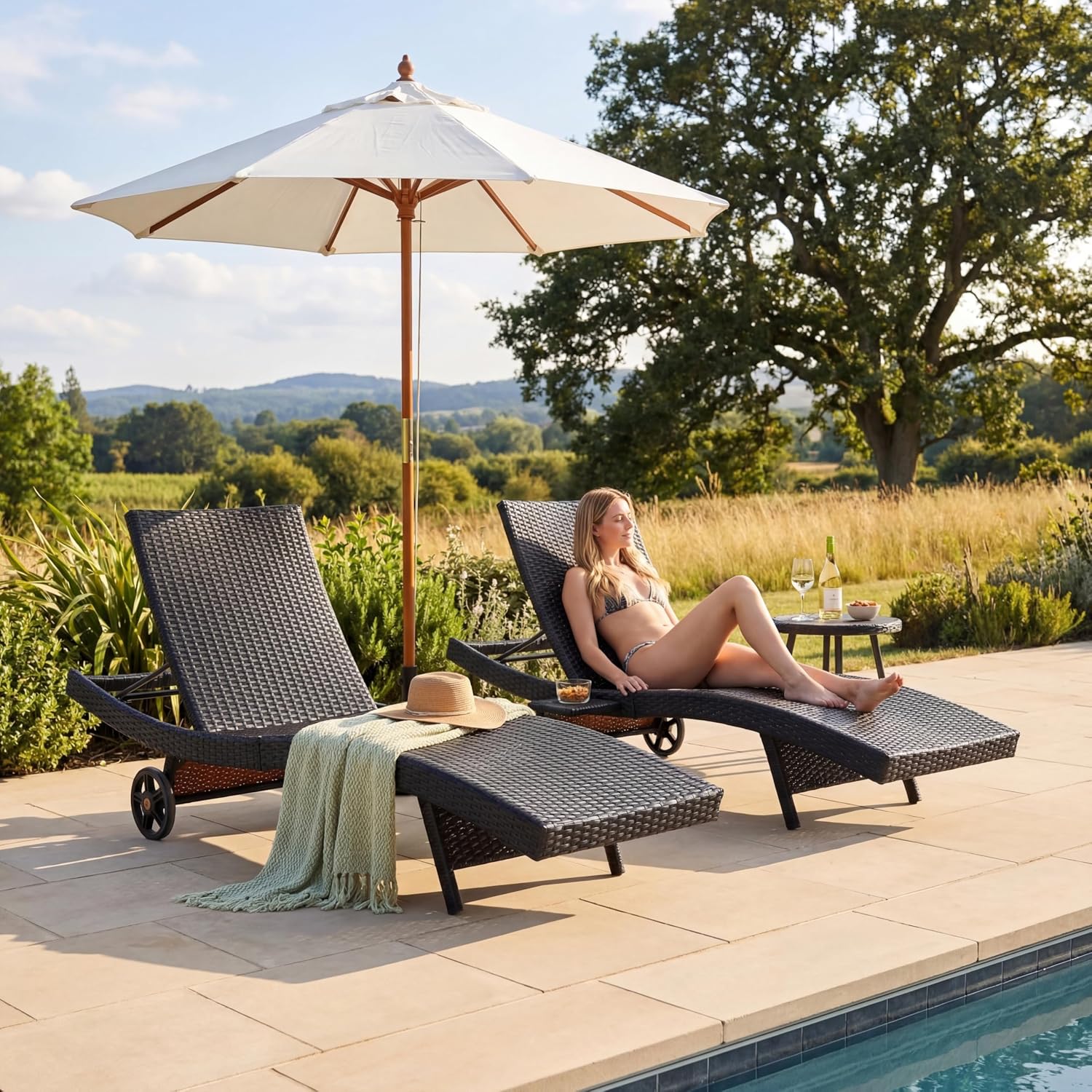 80'' Outdoor Wicker Chaise Lounge Chairs Set of 2, Patio Rattan Reclining Chair with Rolling Wheels, Pull-Out Side Table, Adjustable Backrest for Poolside, Backyard, Black & Brown
