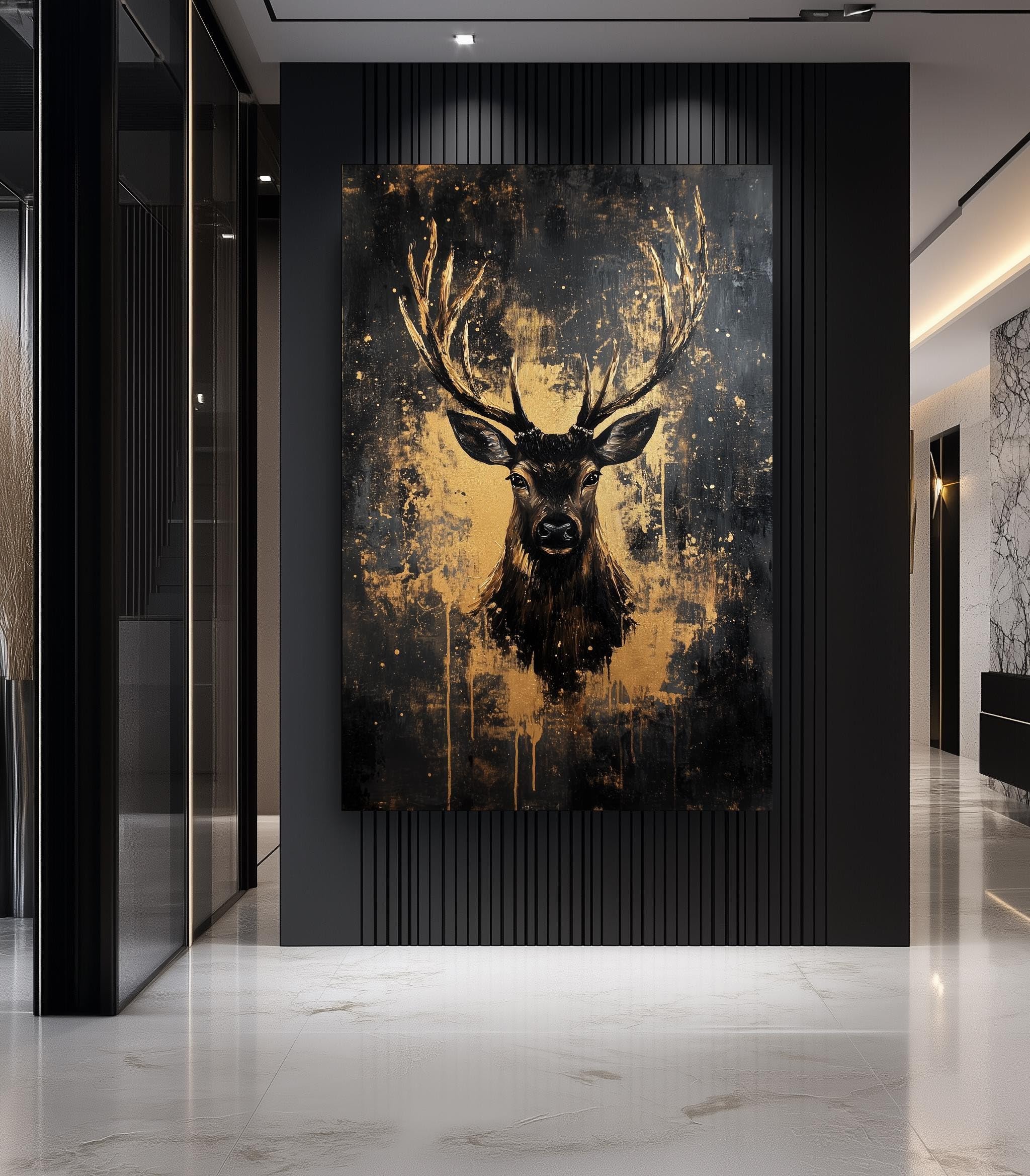 YUSUZHU Hirsch-Wandbild auf Leinwand, Wanddekoration mit schwarzem und goldenem Hirschmotiv, rustikales Hüttenmotiv, luxuriöses Wildtiergemälde, Wohnbild (80 x 120 cm/Innenrahmen)