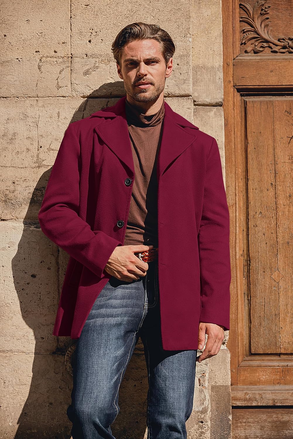 COOFANDY Mens Trench Coat Notched Collar Single Breasted Peacoat Winter Overcoat With Pockets - Image 5