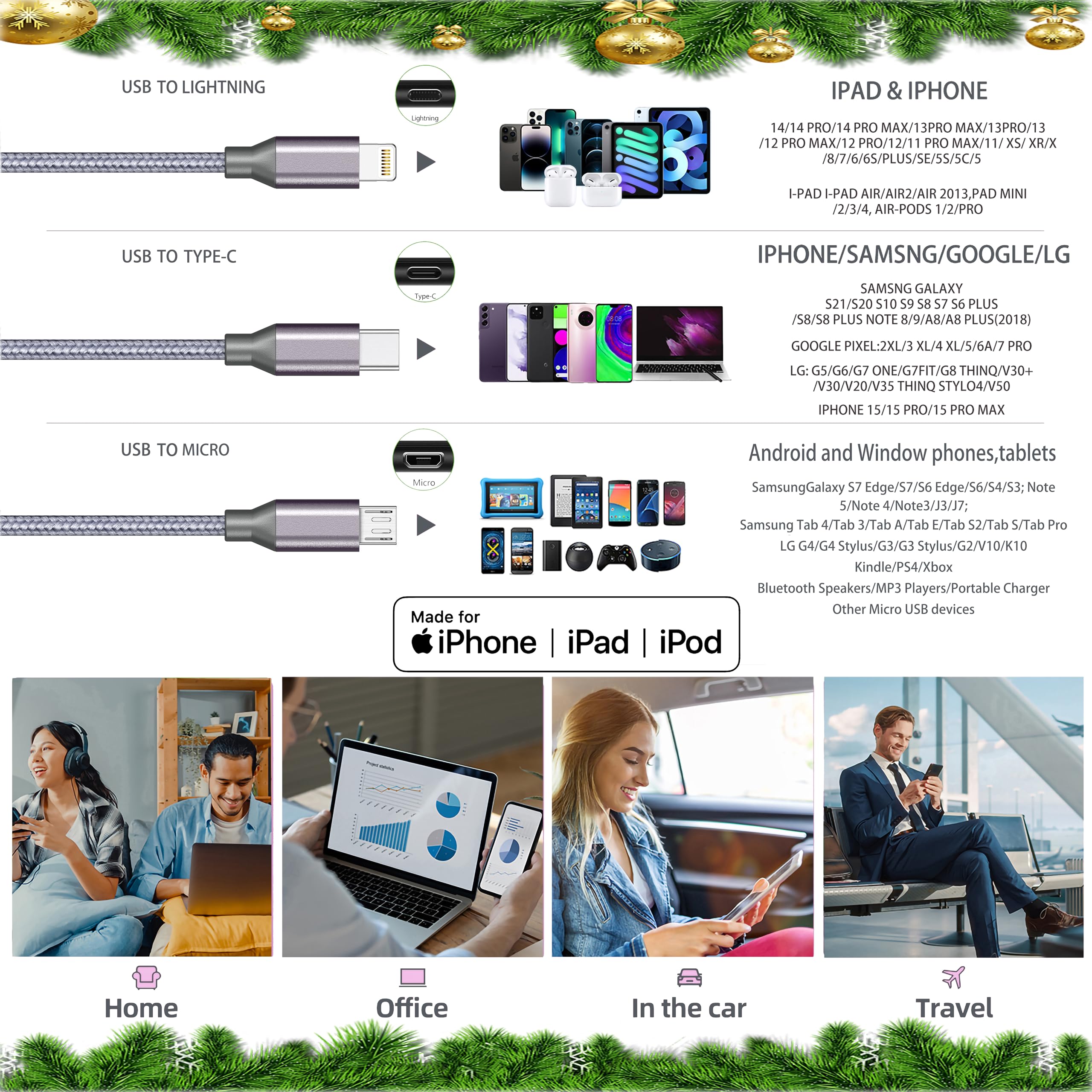 Cable de carga múltiple (4 pies, 2 unidades), cable de carga USB 3 en 1 para múltiples dispositivos, cable de carga universal trenzado para teléfono con tipo C/USB C, micro USB, puerto IP para iPhone