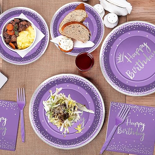 Miniatura 5 de Juego de 96 platos y servilletas de cumpleaños morados y plateados con decoraciones de fiesta de feliz cumpleaños, platos de papel, servilletas y