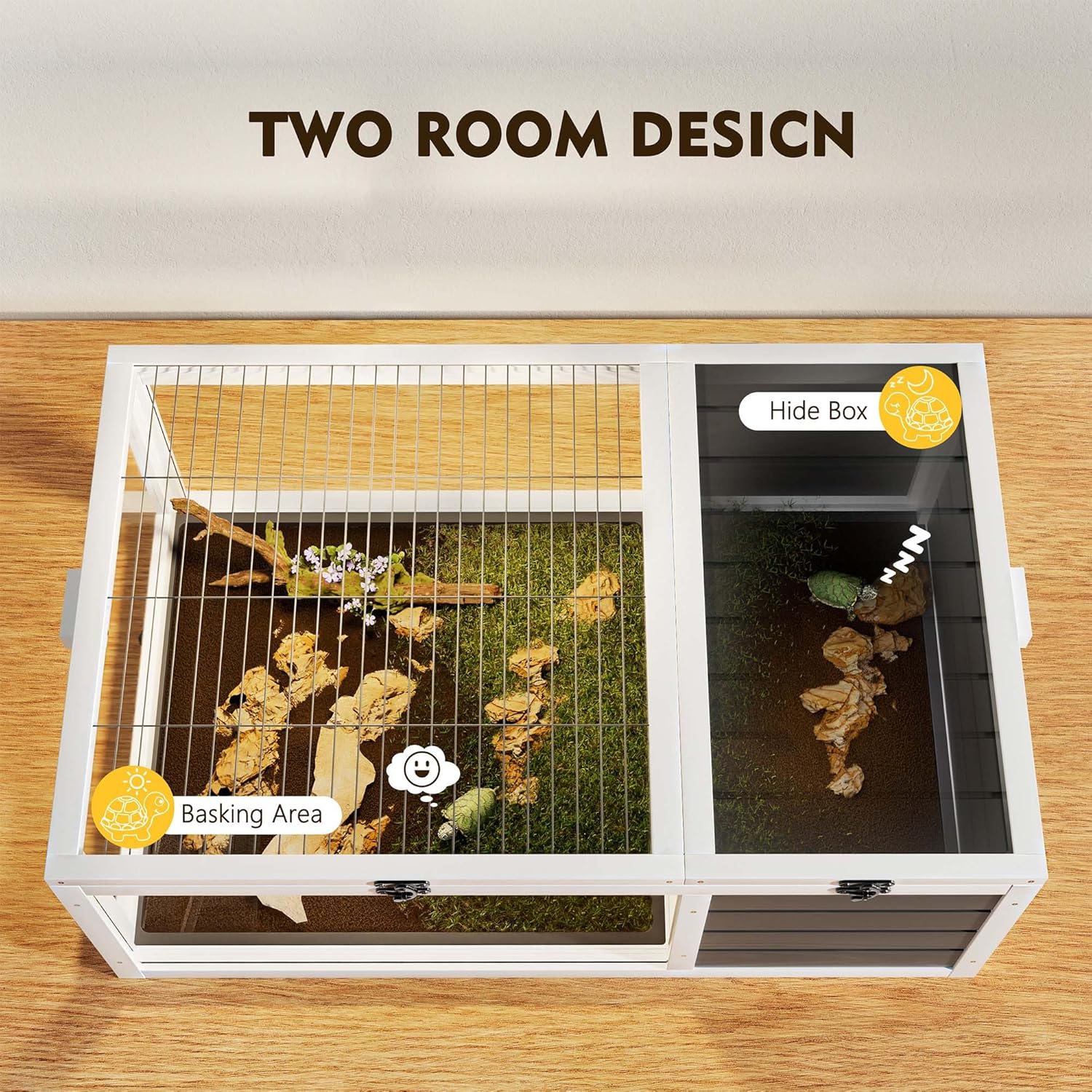 Outdoor Tortoise Enclosure, 39'' Tortoise Habitat with 2 Tray, Box Turtle Cage Indoor for Small Animals Lizards, Wood