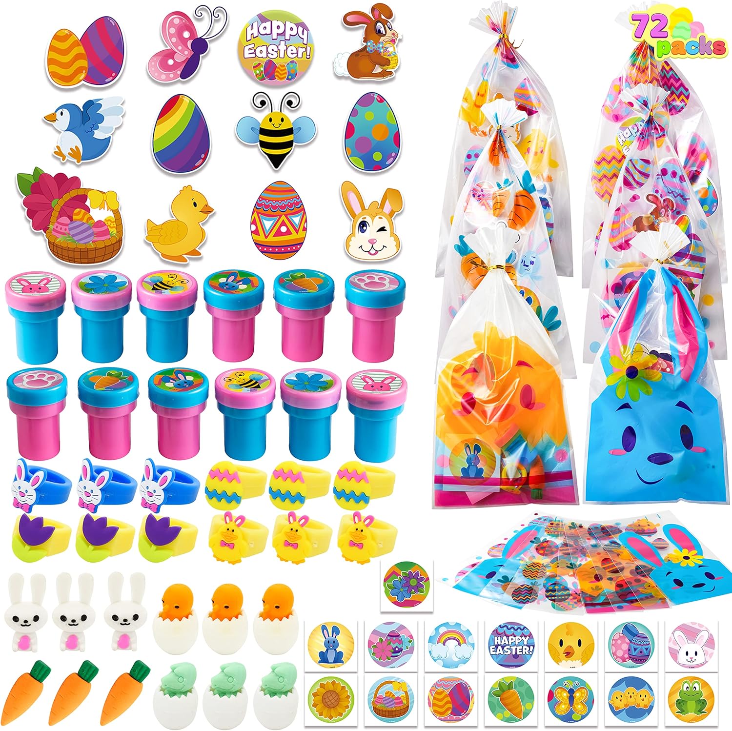 JOYIN 72 Pcs Easter Party Favors Set, 12 Packs Assorted Goody Bags with Rings/Sticker, Foam Stickers, Stampers for Kids Gift, Easter Egg Hunt, Basket Stuffers