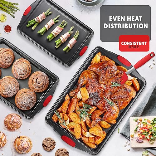 Miniatura 6 de Juego de bandejas para hornear, juego de 2 piezas de bandejas grandes para galletas con asas de silicona, bandeja de acero para hornear, bandejas