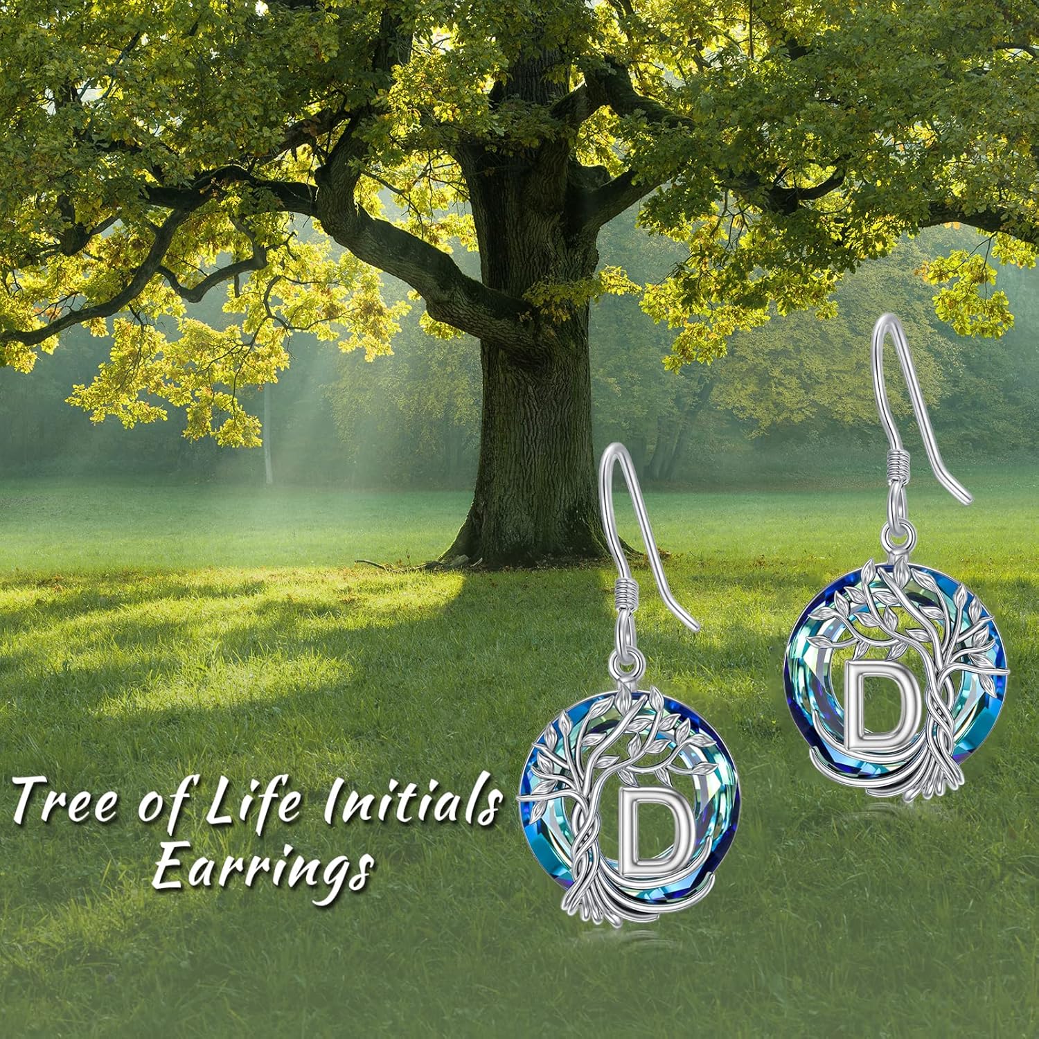 TOUPOP Tree of Life Initial Earrings 925 Sterling Silver A-Z Letter Drop Dangle Earrings Blue Circle Crystal Jewelry Birthday Christmas Gifts for Women Her Girlfriend Mom - Image 2