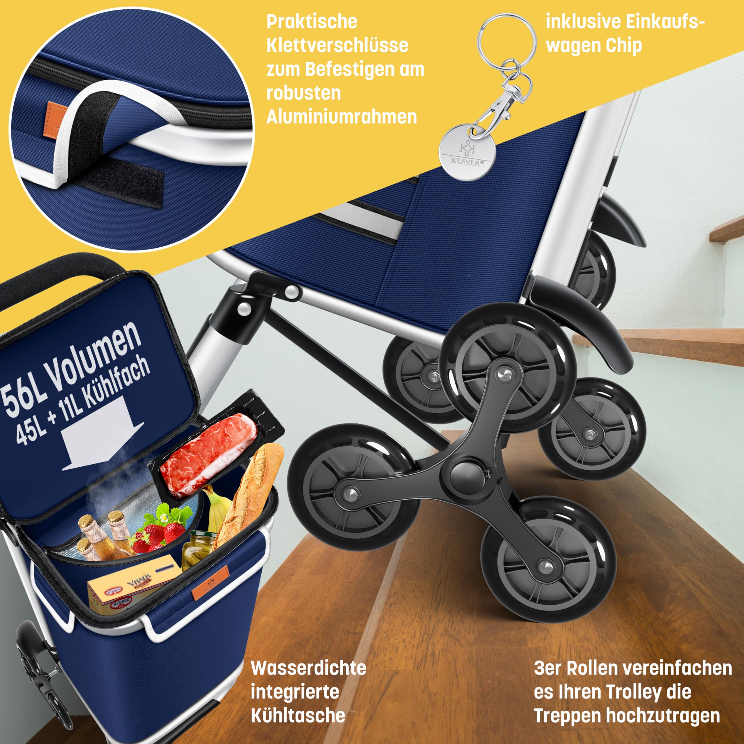 KESSER® Carrello spesa - Montascale con scomparto refrigerante, con Capacità di 56L, Caricabile fino a 50kg, Trolley e borsa a Tracolla 3in1, incl. Chip per la spesa, Pieghevole, Blu marino