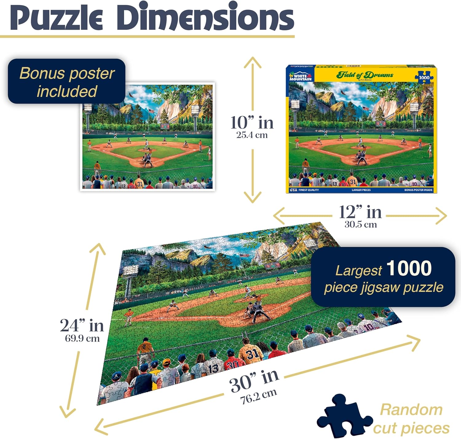 White Mountain 1000 Piece Jigsaw Puzzle Baseball Game Sports Puzzles with Large Pieces for Adults and Family 24"x30" - Field of Dreams