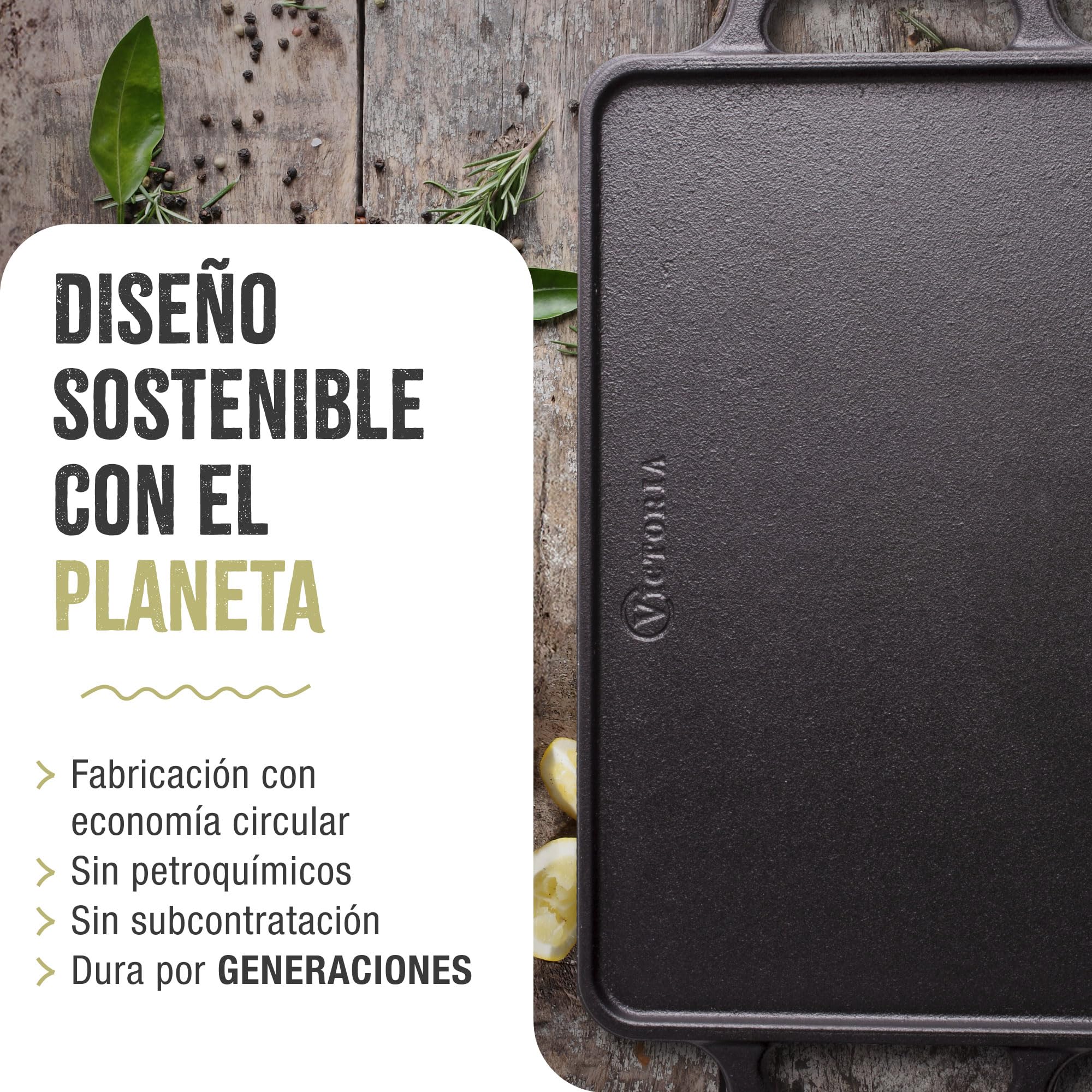 VICTORIA Plancha Cocina Hierro Fundido Esmaltado Parrilla Doble Reversible 33 X 21cm para Fuego, Barbacoa, Horno, Vitrocerámica, Gas, Libre de Tóxicos sin PTFE