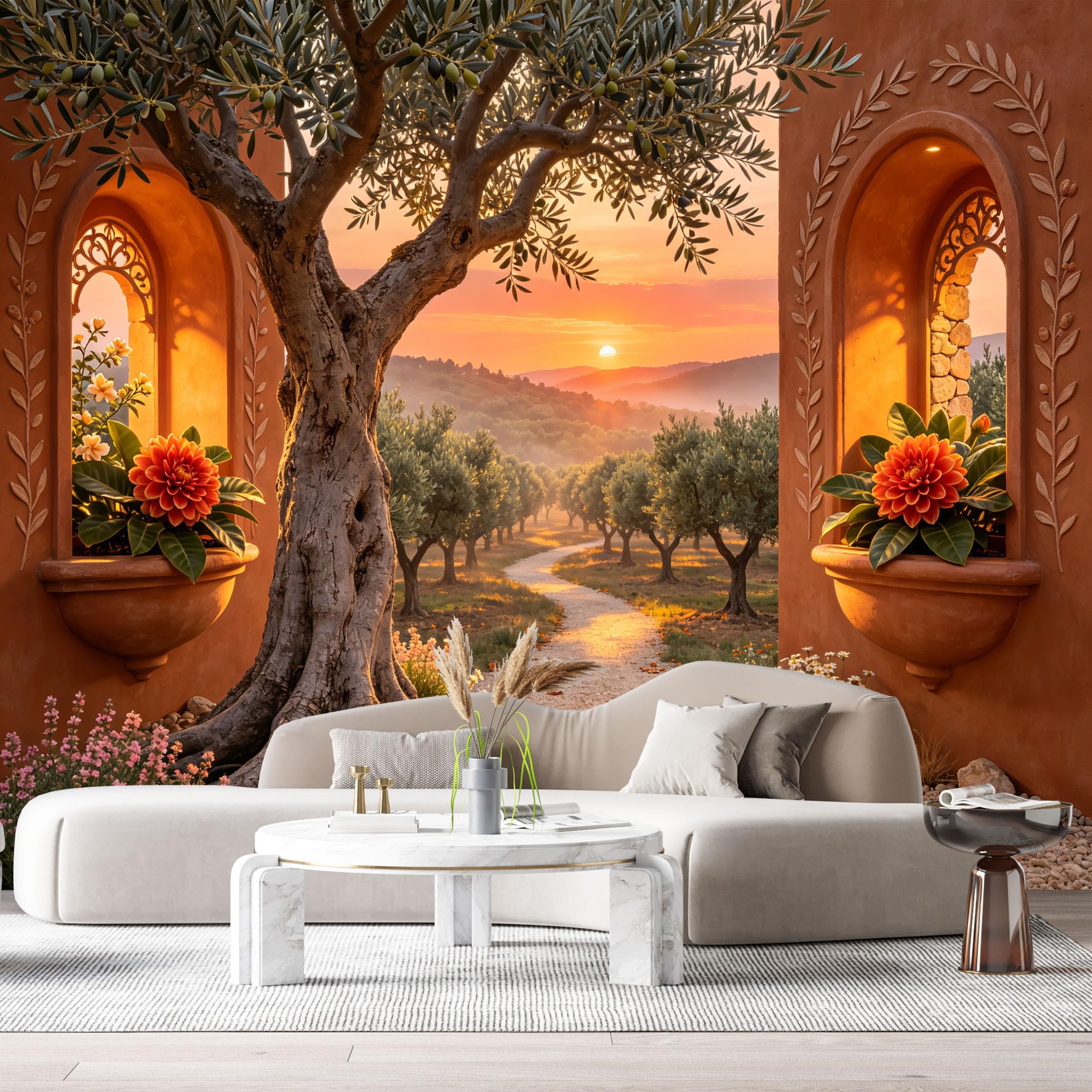 Custom Size Wall Murals Mediterranean Sunset Olive Orchard Landscape Oil Painting Architectural Archway SelfAdhesive Wall Fabric Removable Large Wallpaper for Photo Living Room