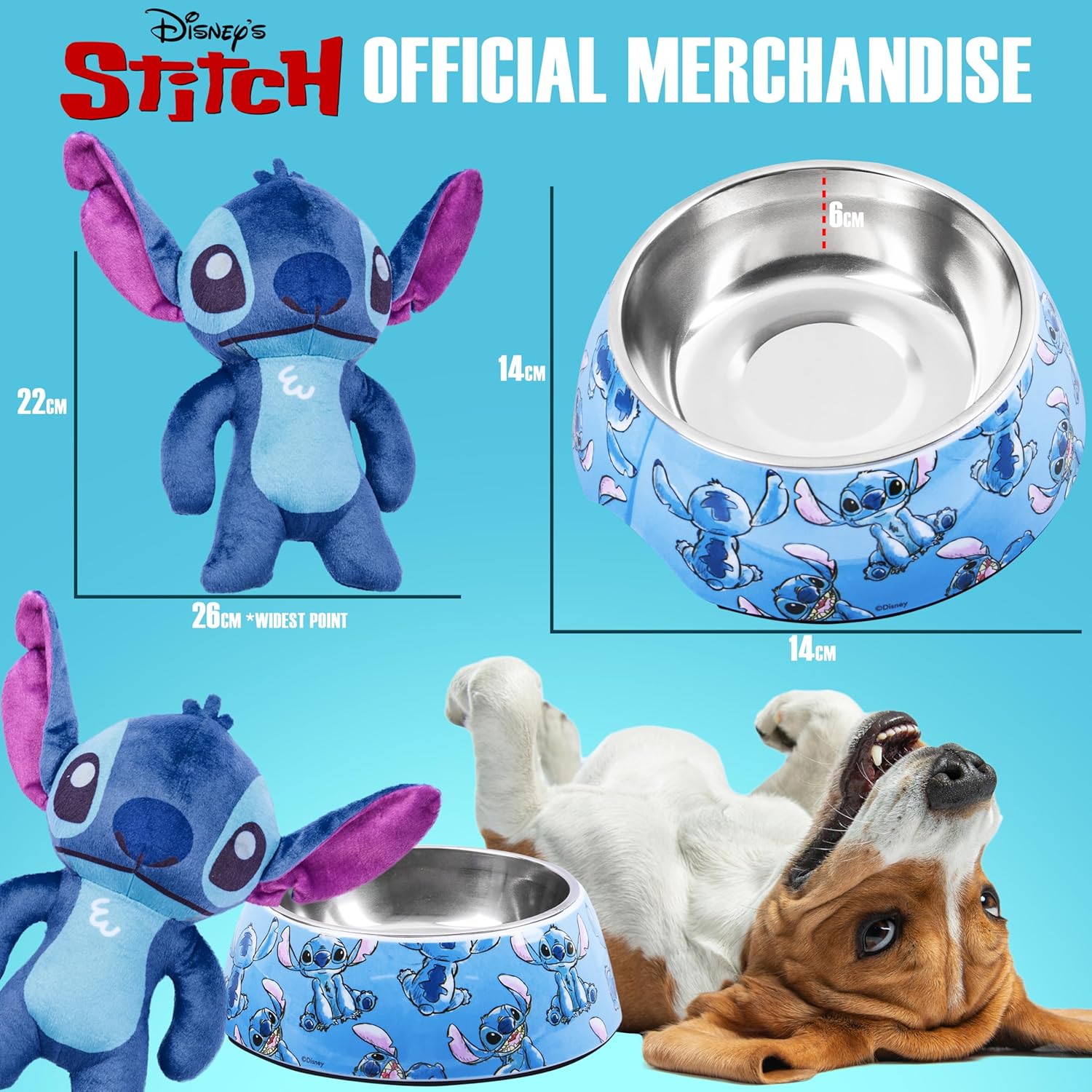 Disney Dog Bowl and Dog Toy Set, Squeaky Soft Toy & Non Slip Food Bowl - Dog Gifts (Blue)