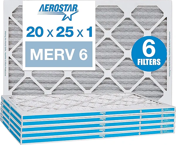 Aerostar 20x25x1 MERV 6 Pleated Air Filter, AC Furnace Air Filter, 6 Pack (Actual Size: 19 3/4"x24 3/4"x3/4")