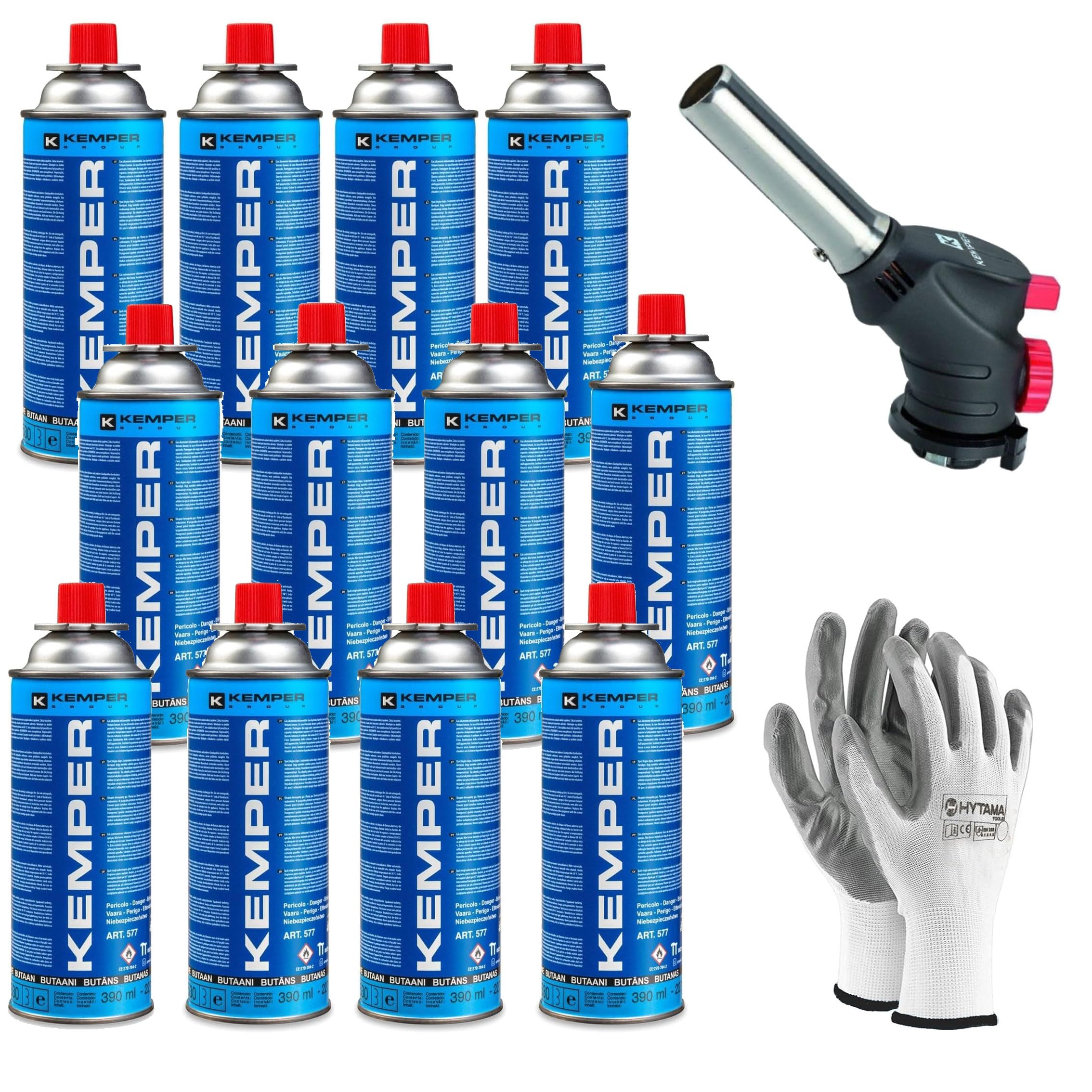 KEMPER - Chalumeau à gaz Multi-usages Soudure Brasage Cuisine + 12 Cartouche de gaz butane 227gr + gants gratuits