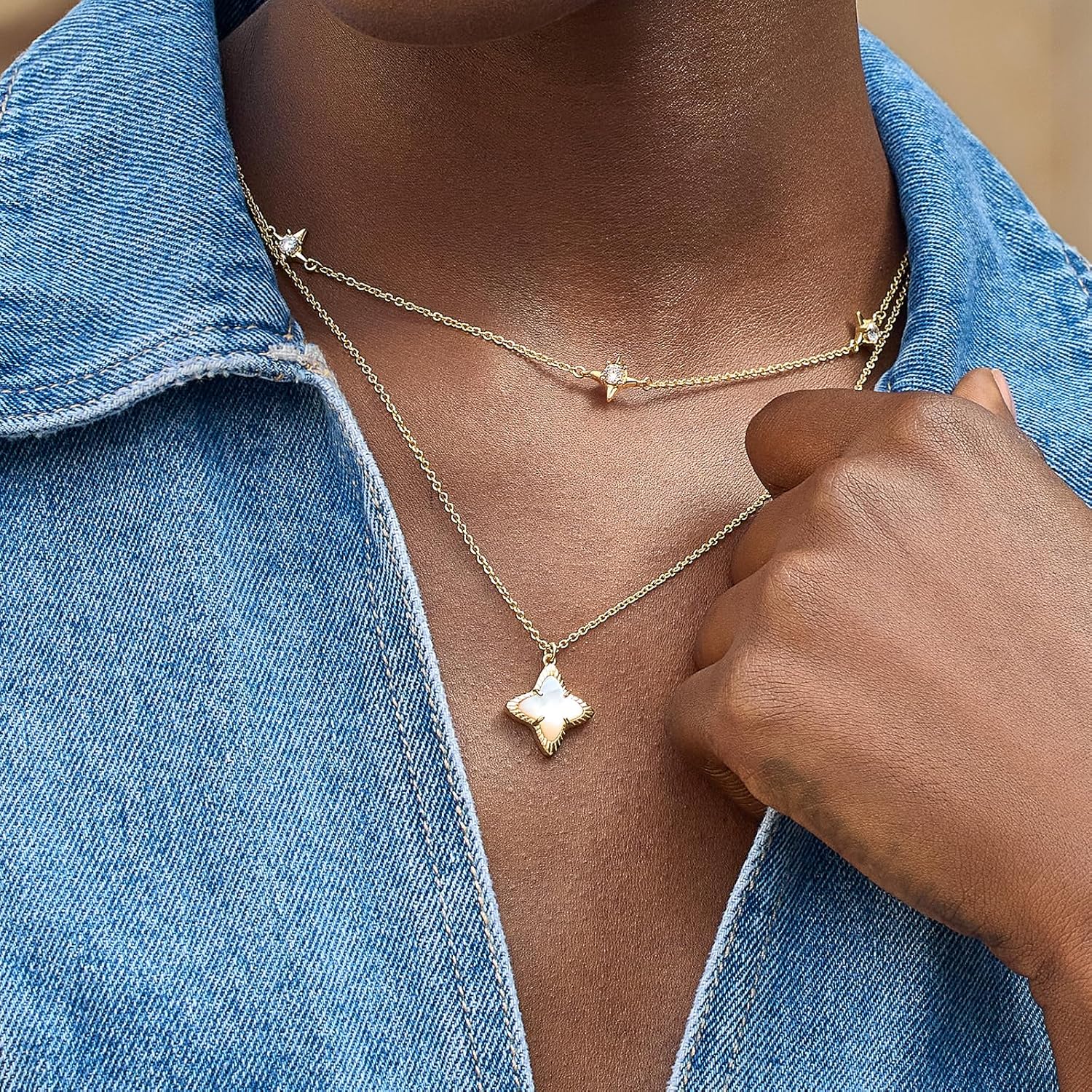 Cicy Bell Womens Four Point Star Necklace Sets Double Layer Chain 18k Gold Plated Cubic Zirconia Mother of Pearl Lucky Pendant Necklace - Image 5