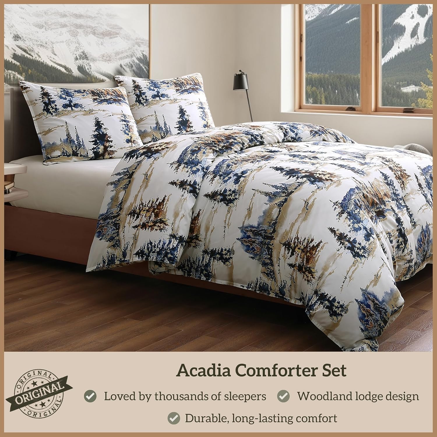 Paseo Road Cabin Bedding Acadia 3 Piece Lodge Comforter Set with Pillow Shams, Queen Forest Bedding, Cotton Pine Trees Comforter Set, Woodland Nature Western Rustic Bed Set