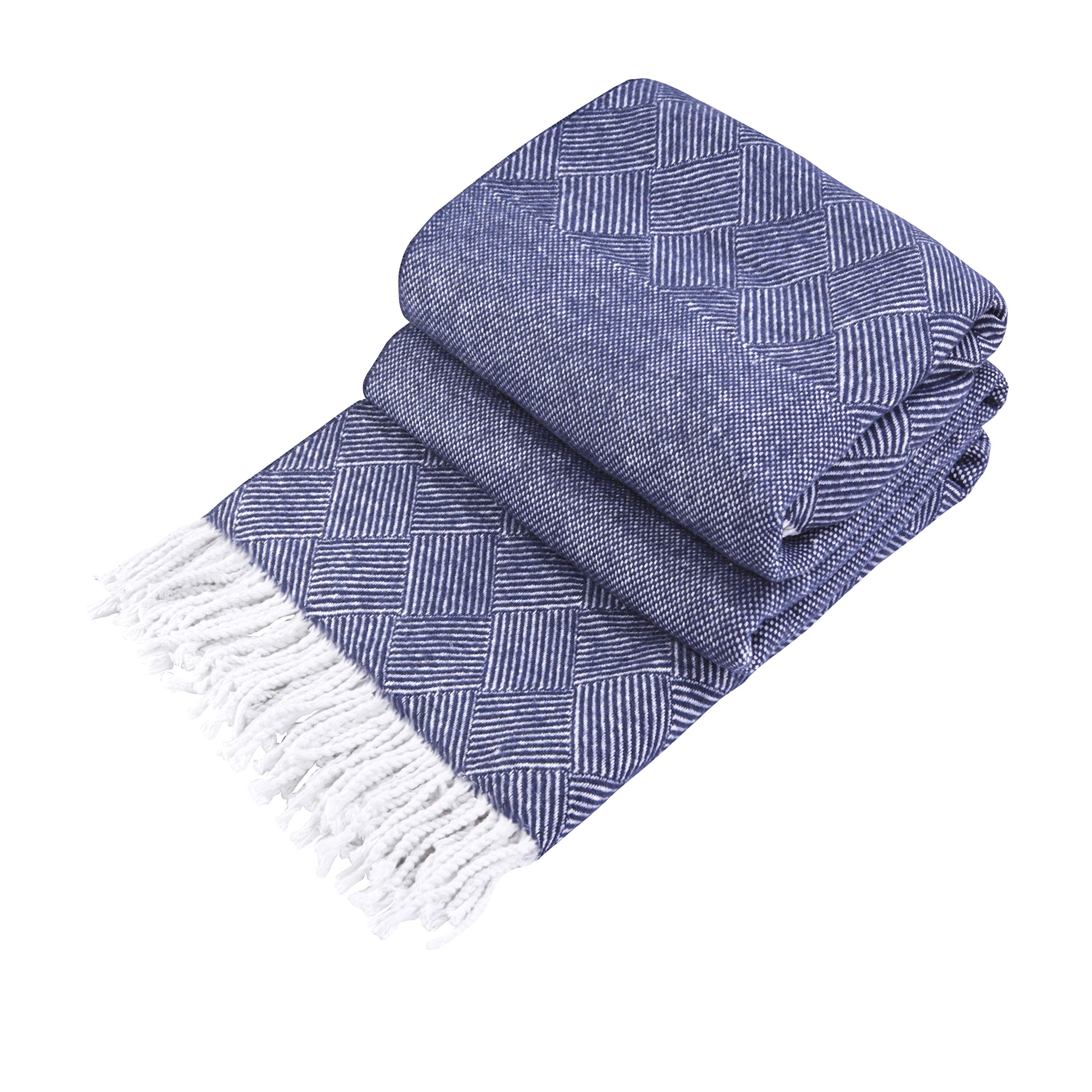 LYHome Cotton Blanket - Soft Throw for Sofas, Bed & Couch. Cosy Outdoor Blankets for Travel, Picnic & Camping. Settee Throws for Armchairs, Garden Furniture (55x79 in, 140x200 cm Blue Striped Squares)