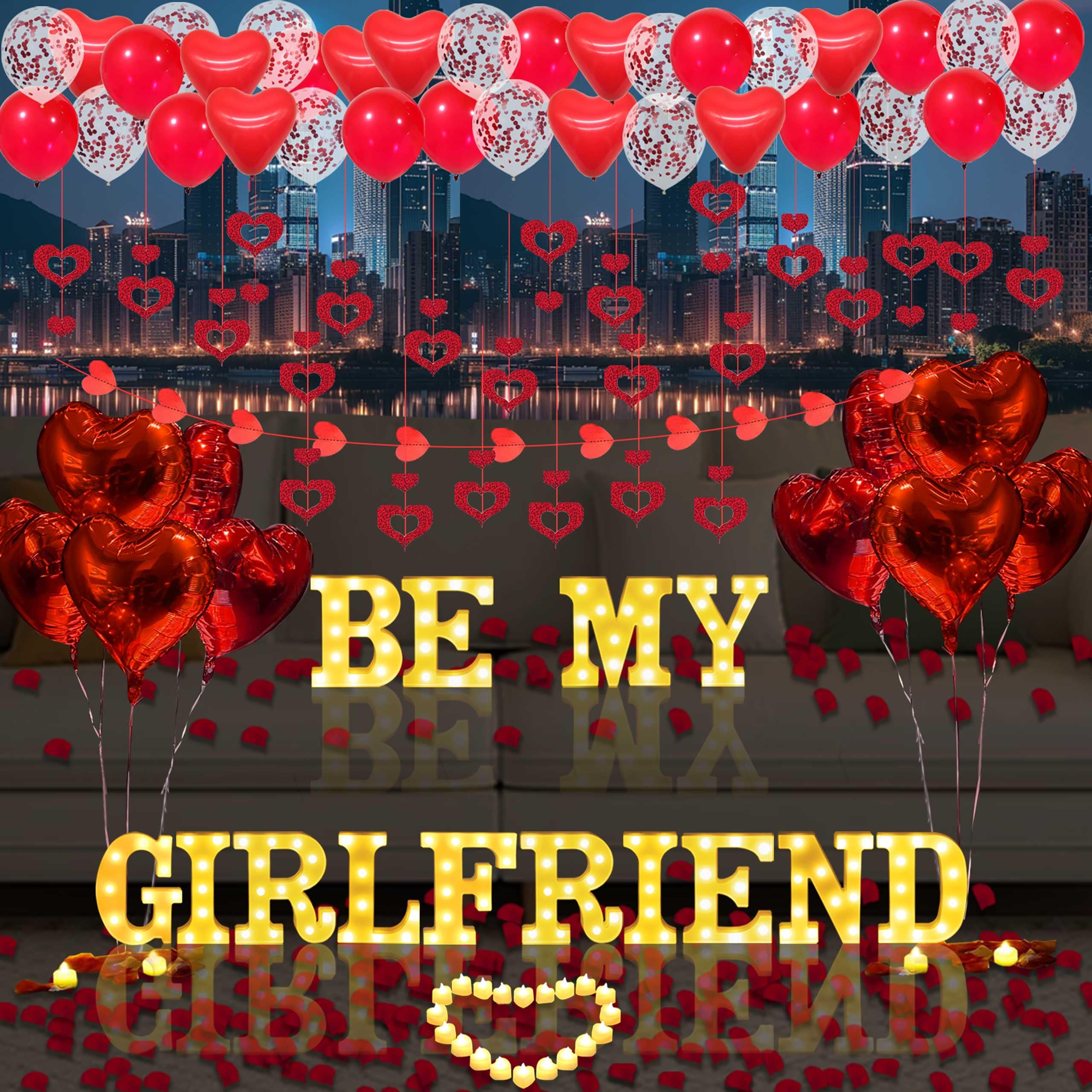 Be My Girlfriend Light Up Letters Proposal Decorations, 14Pcs 6.3" Letter Signs with 24Pcs Flameless Candles 2000Pcs Red Artificial Rose Petals 45Pcs