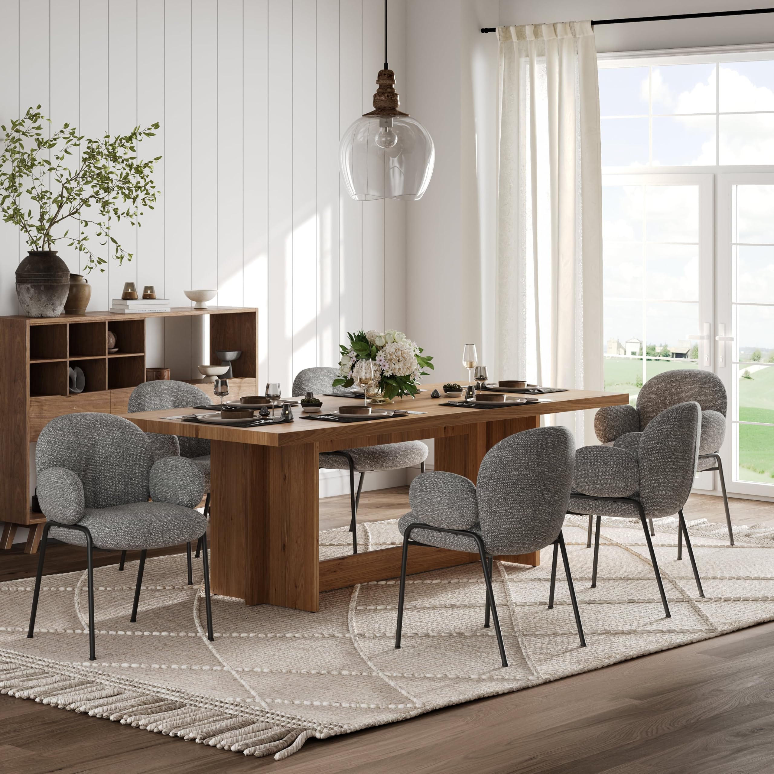 Set di 2 sedie da sala da pranzo, grigio scuro con bracciolo, moderne sedie imbottite con schienale alto, struttura in metallo, piedini regolabili in altezza, per soggiorno, sala da pranzo