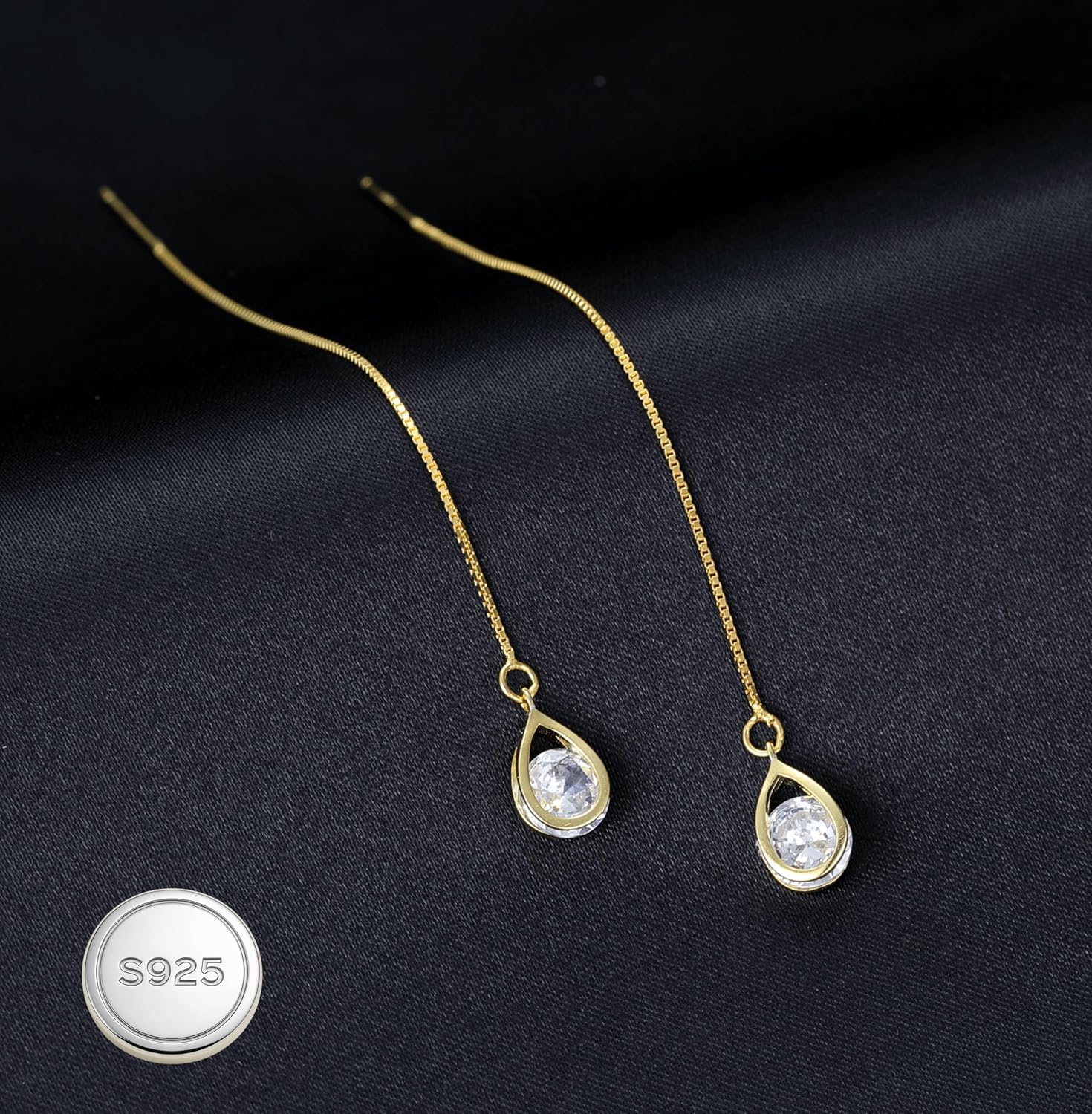 Reffeer Solid 925 Sterling Silver CZ Droplet Chain Dangle Earrings for Women Teen Girls Tassel Dangle Earrings Threader