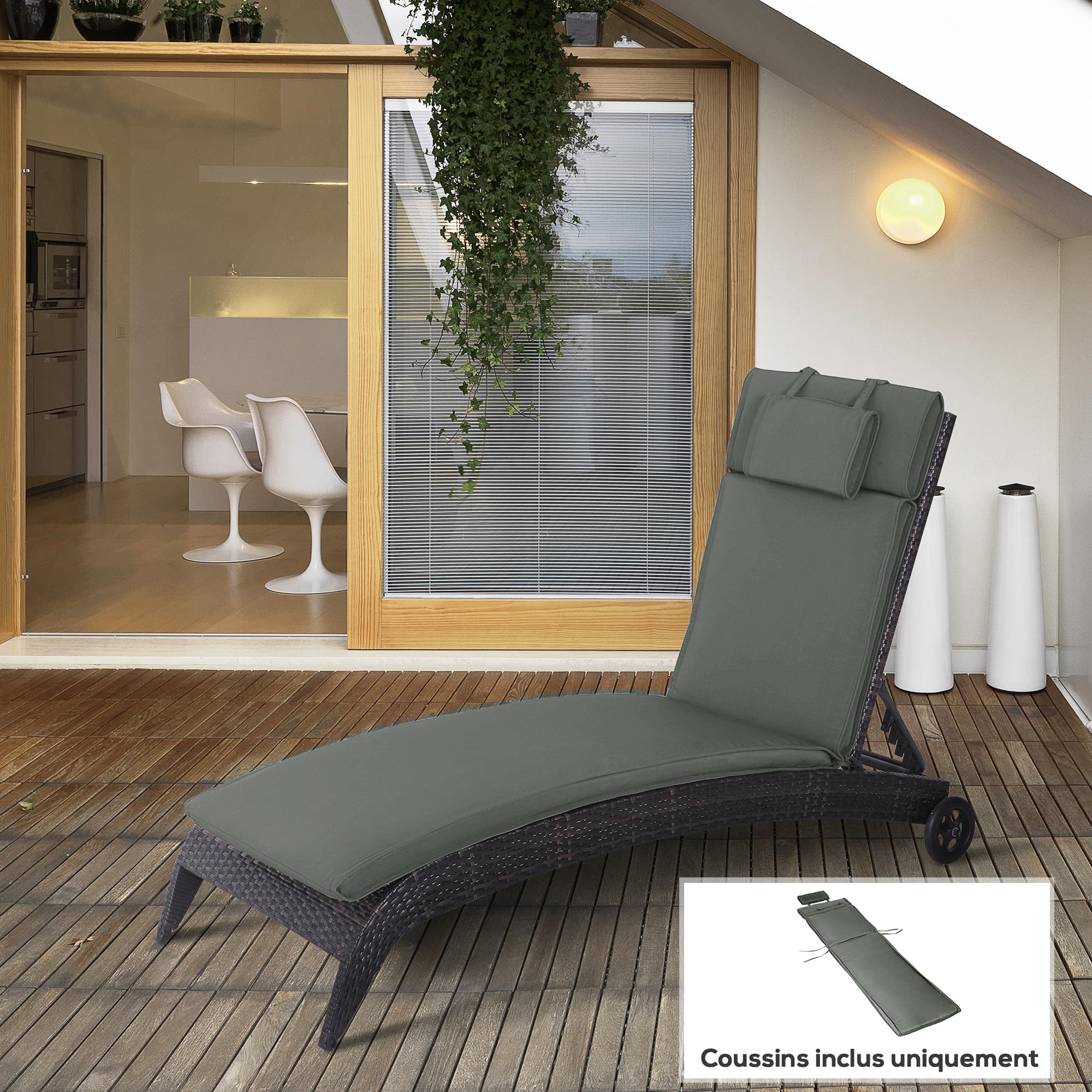 Outsunny Coussin Bain de Soleil Matelas Zippé 198 x 53 x 5 cm Gris | Coussin Chaise Longue, Matelas Transat, Déhoussable, Tétière, Cordons d'Attache, Matelas Uniquement