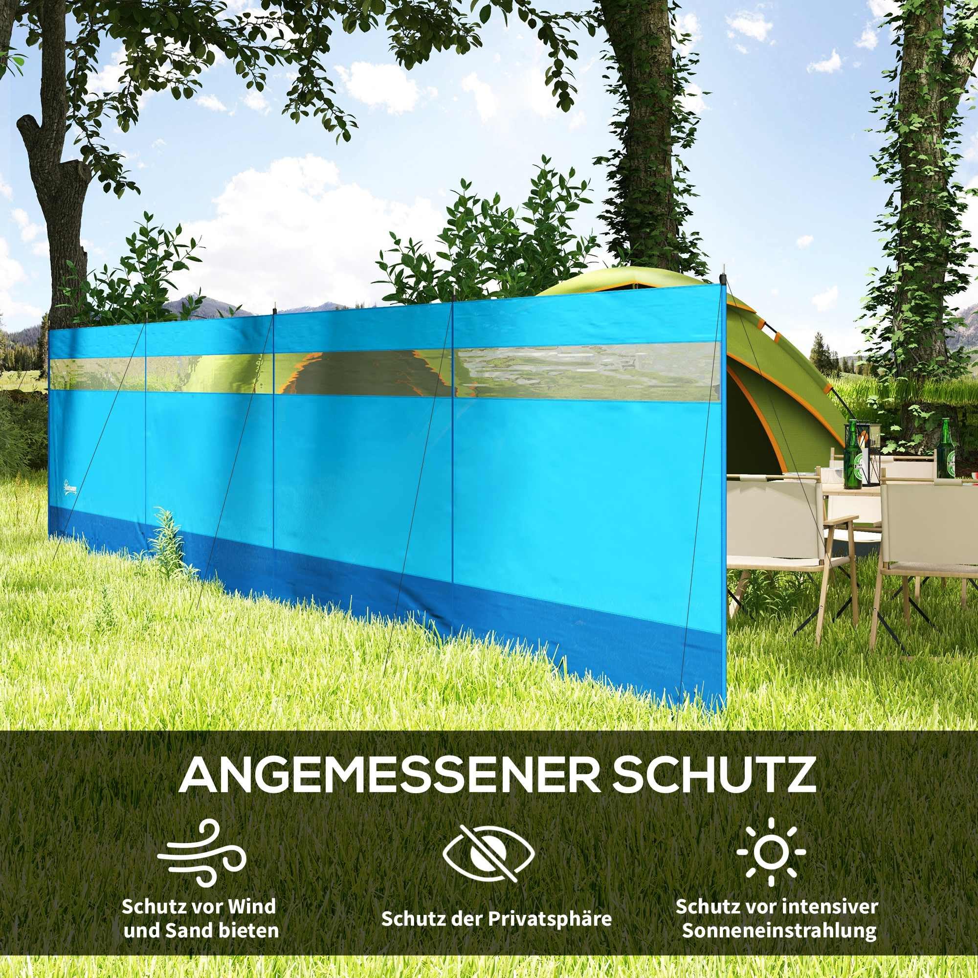 Outsunny Parawan plażowy składany z oknem 725x140 cm niebieski | Osłona prywatności kempingowa, paliki, liny, ogrodzenie wiatrowe, ochrona plażowa, do ogrodu i tarasu.