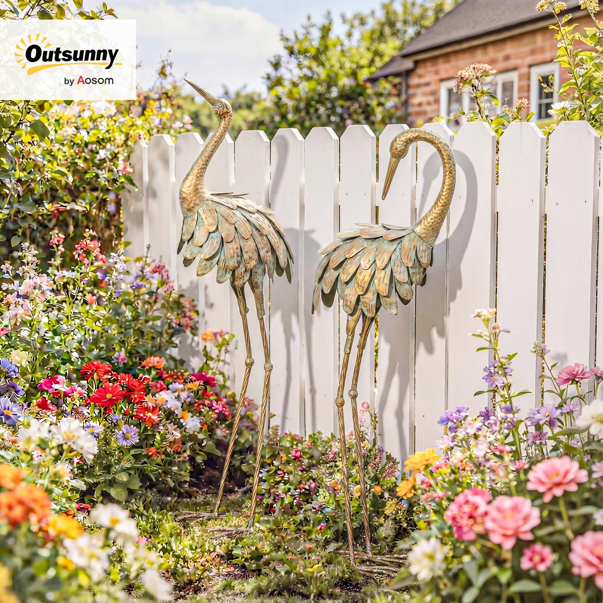 Outsunny Lot de 2 Statues de Jardin Sculpture Héron Métal 91/95cm Or/Bleu