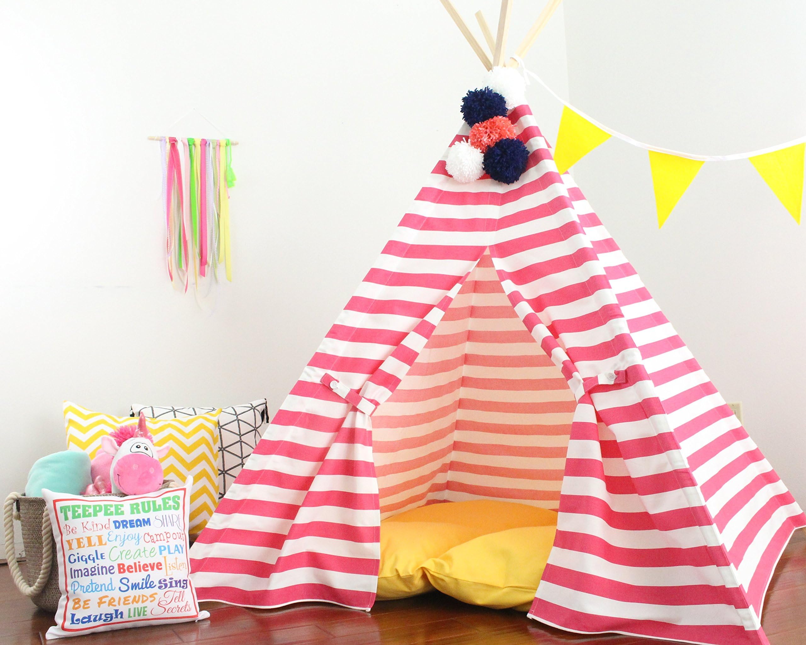 Teepee Play Tent, Hot Pink and White Striped Large Play Tee Pee, Heavy Fabric, Fort, Wigwam, Playhouse