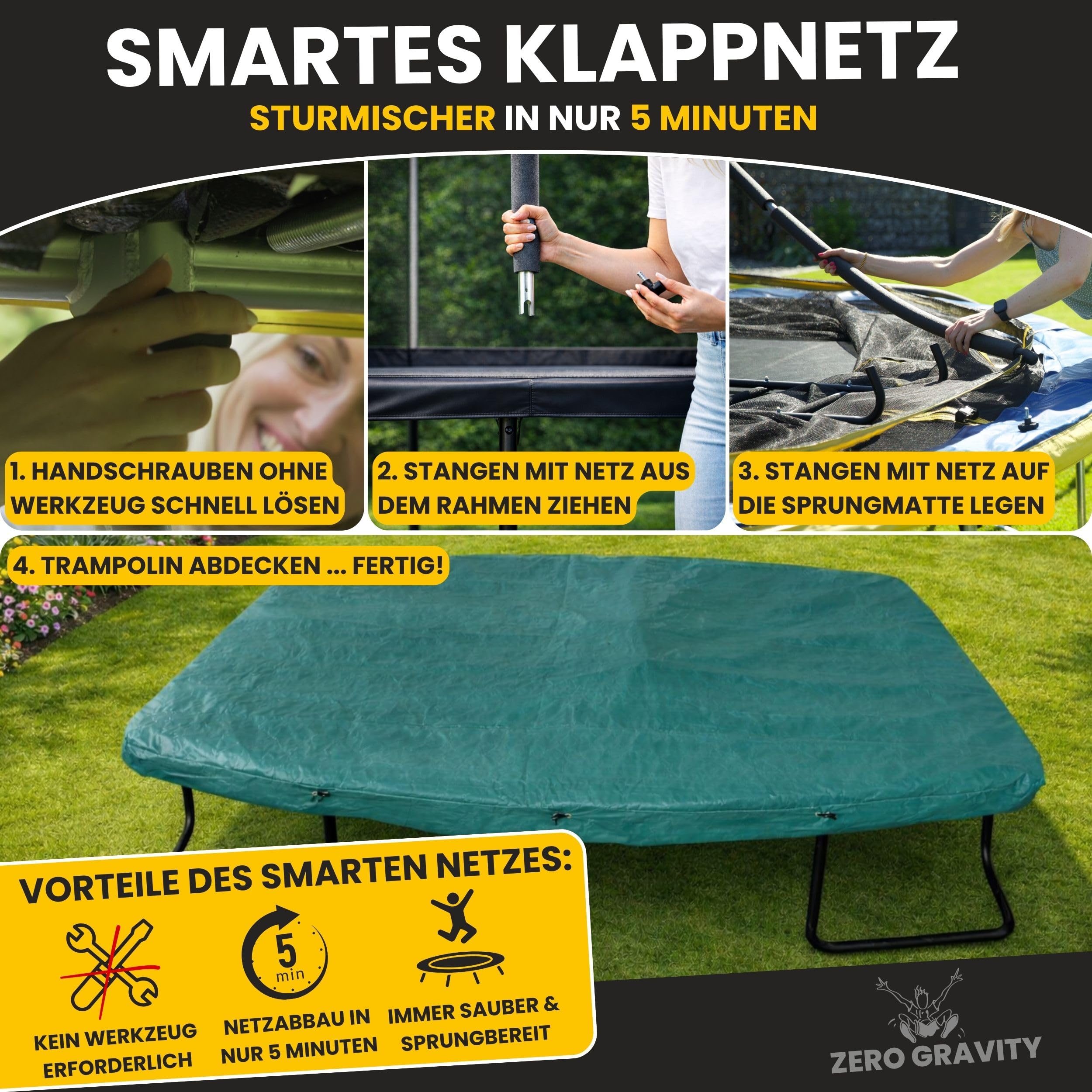 Zero Gravity Trampolin Outdoor oval, TÜV GS geprüft, Komplettset inkl. Leiter, Aufbauvideo, Outdoor Trampolin für Kinder & Erwachsene mit innenliegendem Sicherheitsnetz
