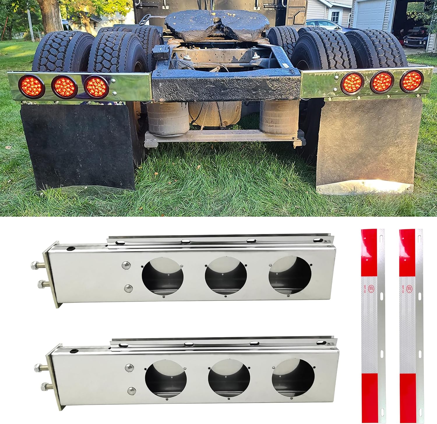 Stainless Steel Straight Spring Loaded Mud Flap Hanger Bracket Mudflap Holder Set 2.5" Bolt Spacing 30" Length with Aluminum Reflective Tapes and 4" Light Cutouts fit for Semi Trucks, 2 Pack Round Light Cutouts