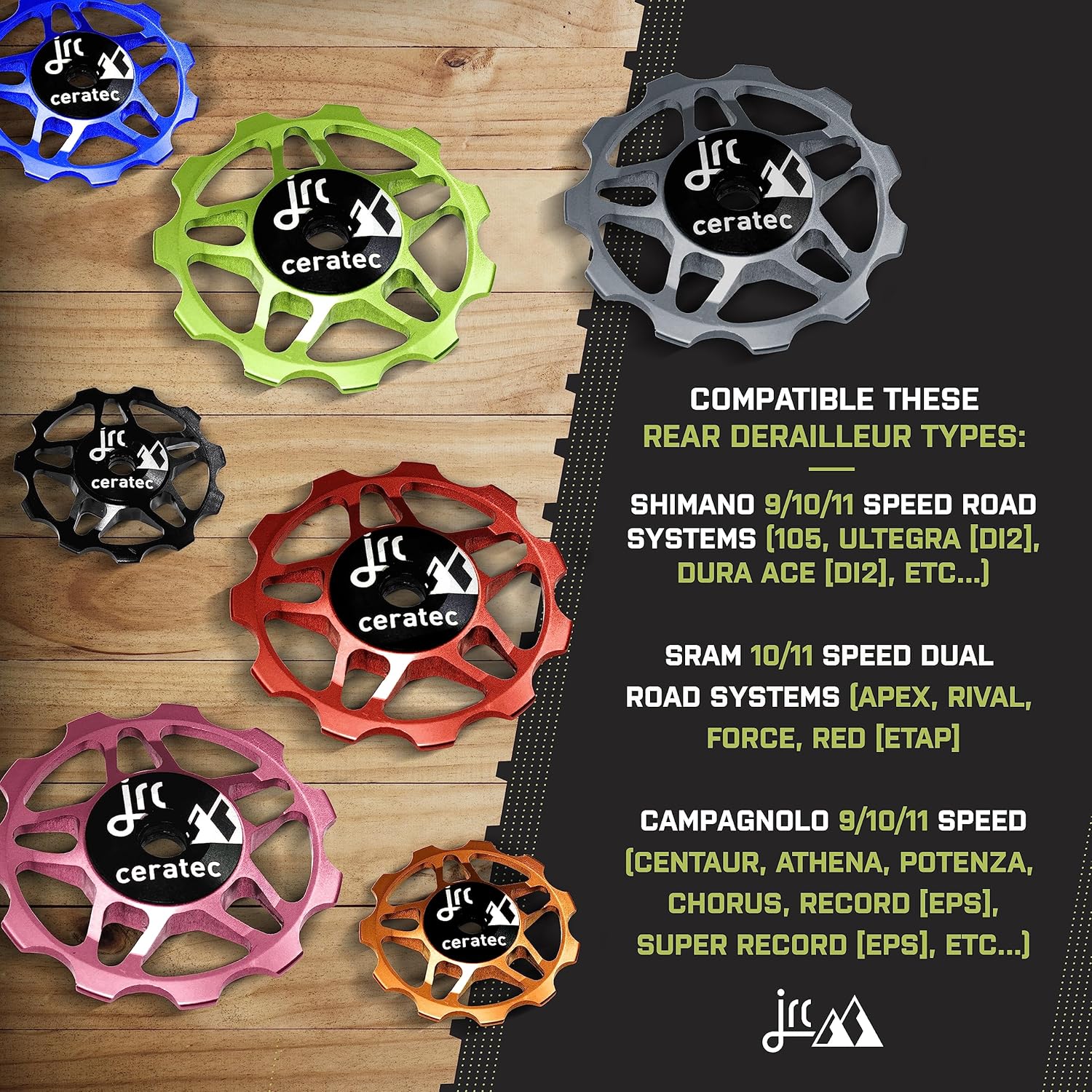JRC Components 11T Ceramic Pulley Wheels | Compatible with Shimano, SRAM & Campagnolo 9/10/11 Speed for Road Systems | Hybrid Ceramic Derailleur Pulley Wheels
