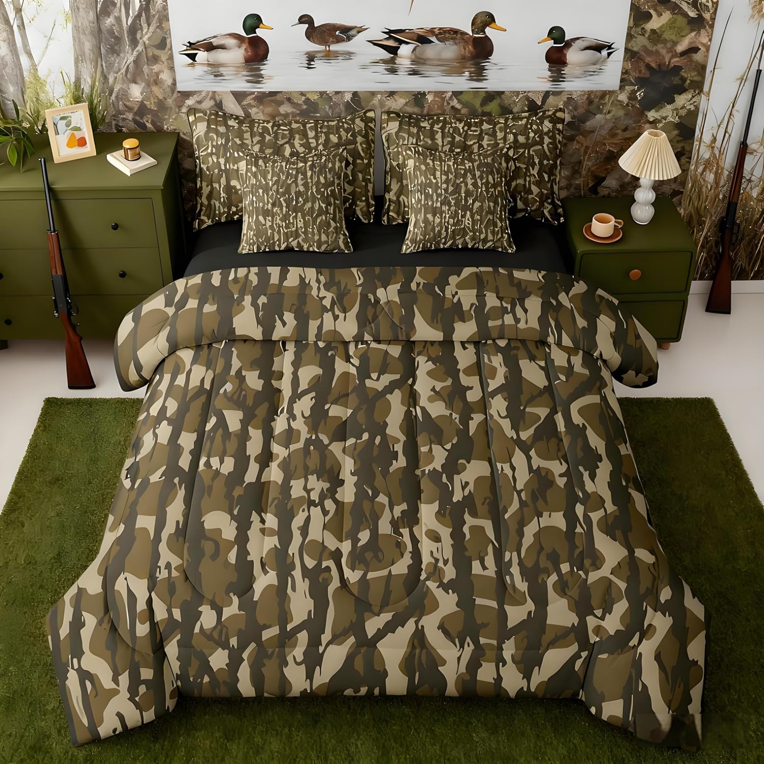 Feelyou Camouflage 7 Piece Bedding Set, Full Size Kids Camo Bed in a Bag, Military Style Bed Set Includes Comforter, Sheet Set, Pillowcases & Pillow Covers Breathable Soft Army Green Room Decor